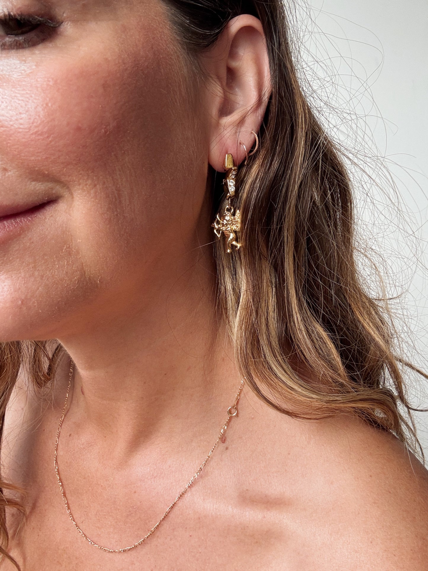 Rhinestone Star and Cupd Gold Tone Earrings