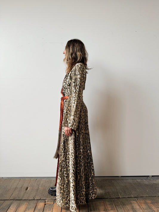 1930s Textured Leopard Print Wrap Dress with Sateen Tassel Tie (XS)