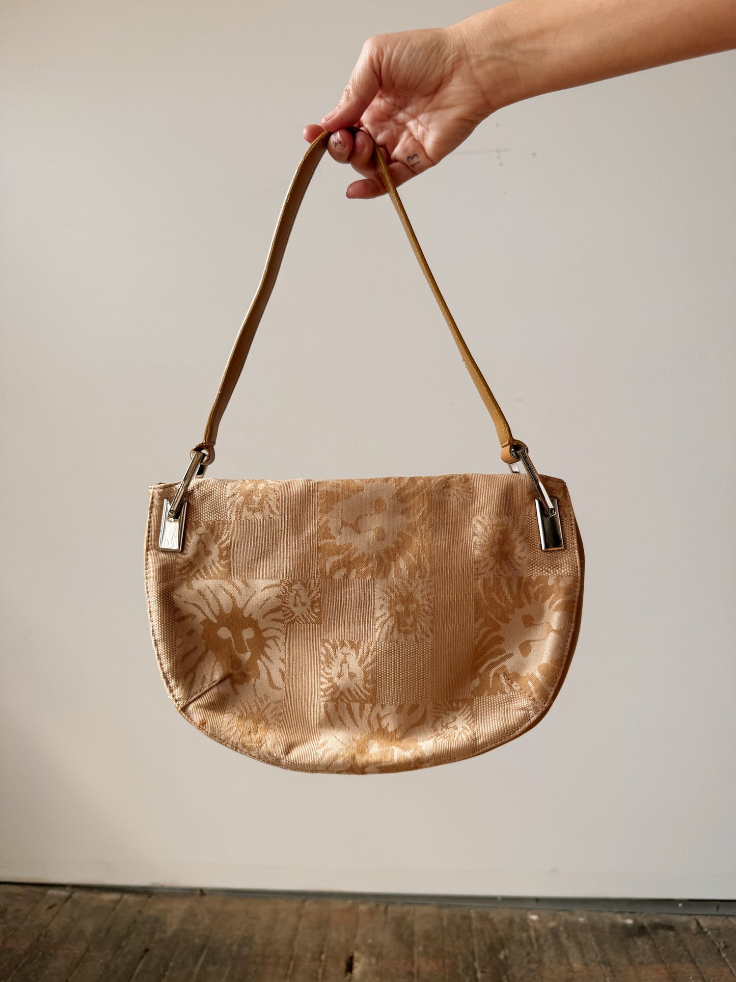 90s Camel Canvas and Leather Anne Klein Shoulder Bag