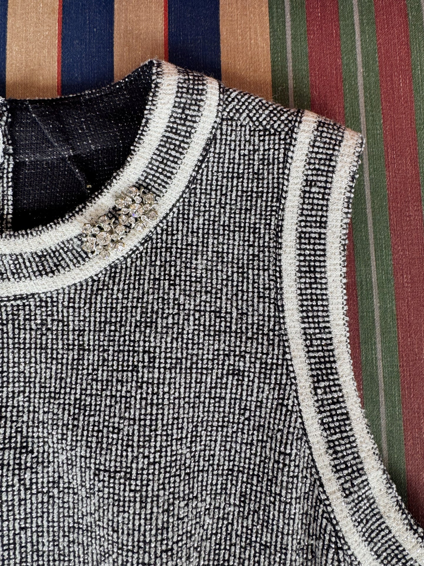 Vintage 70s PLW Silver Metallic Dress with Rhinestone Details (M)