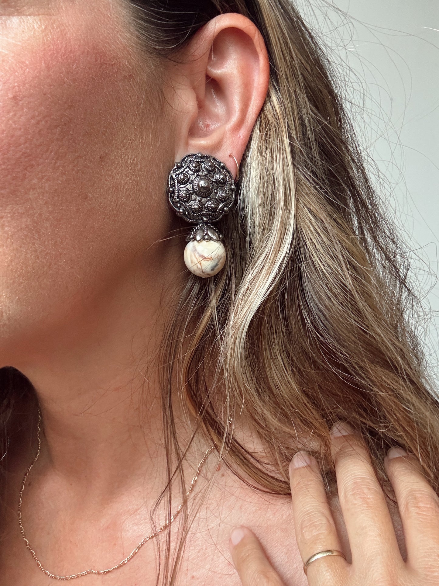 Silver Tone Textured with Globe Clip-On Earrings