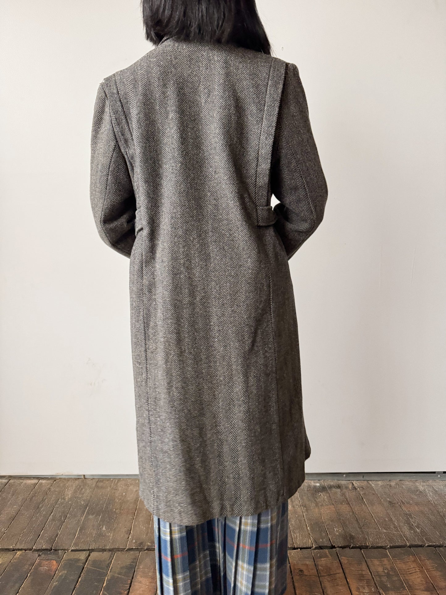 Herringbone Wool Coat with Red Sateen Lining (M)