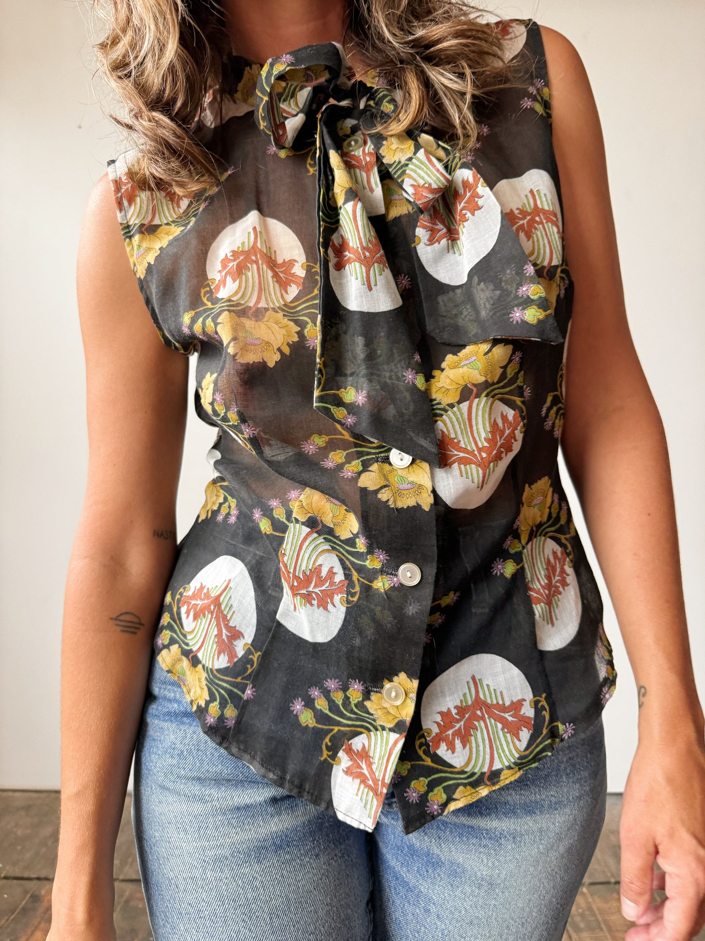 70s Flora Sleeveless Blouse (S)