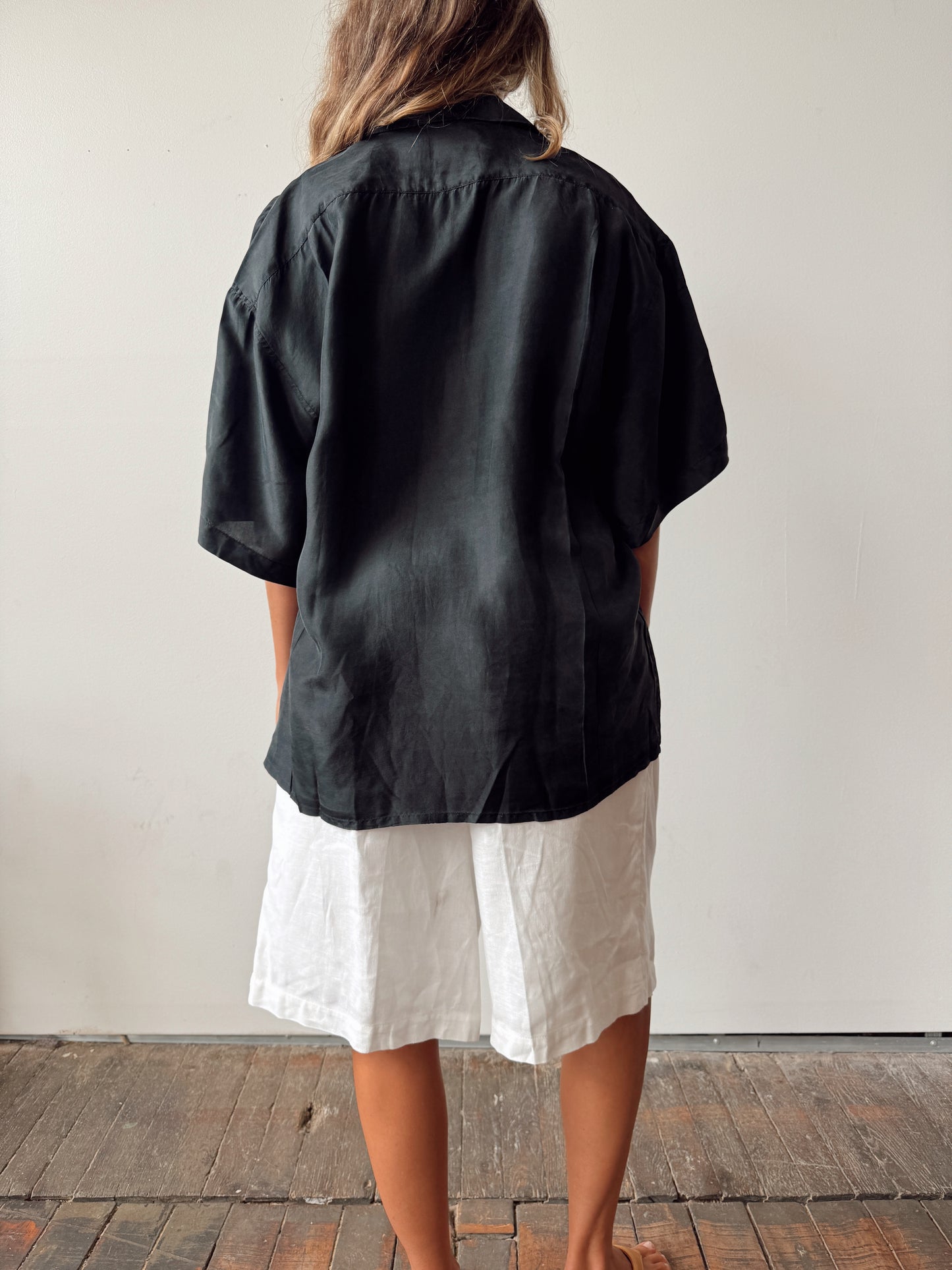 Boxy Black Silk 90s Blouse (L)