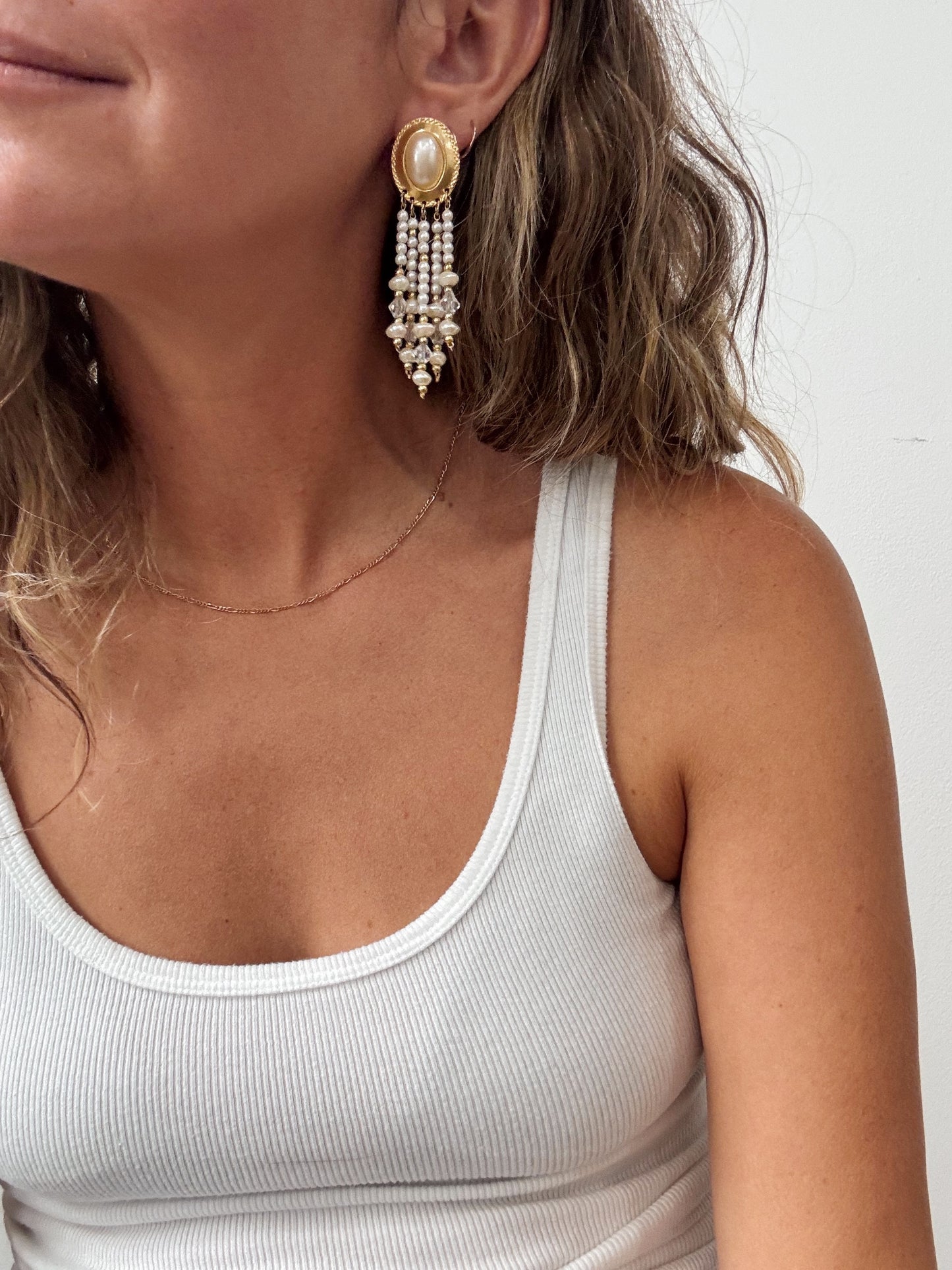 Gold Oval and Pearl Fringe Earrings