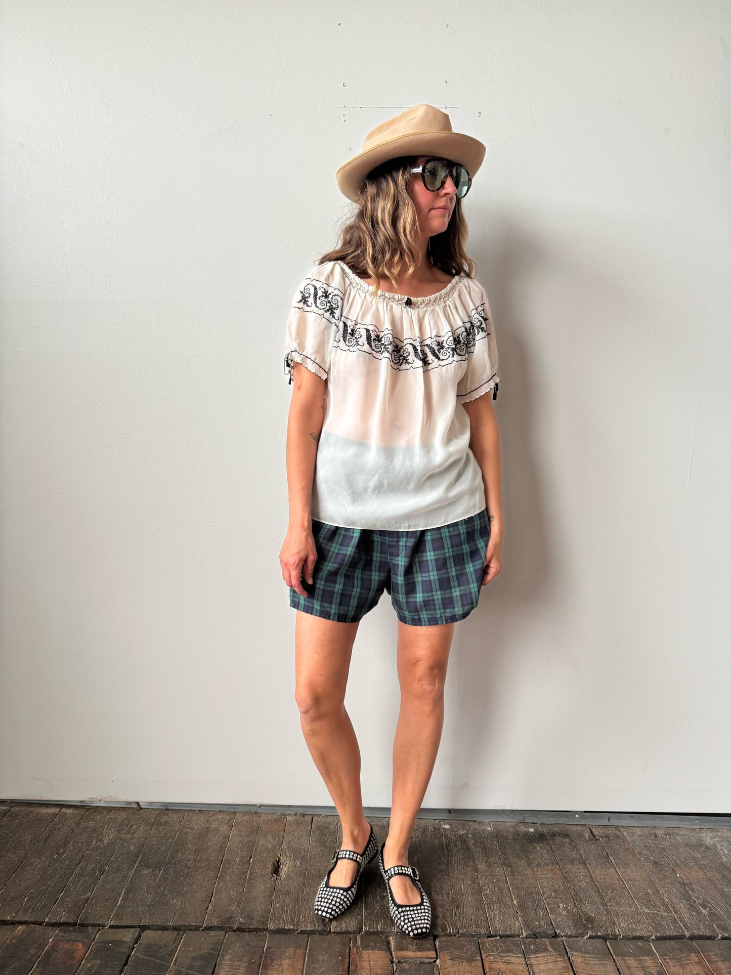 Sheer 70s Peasant Embroidered Blouse (S)