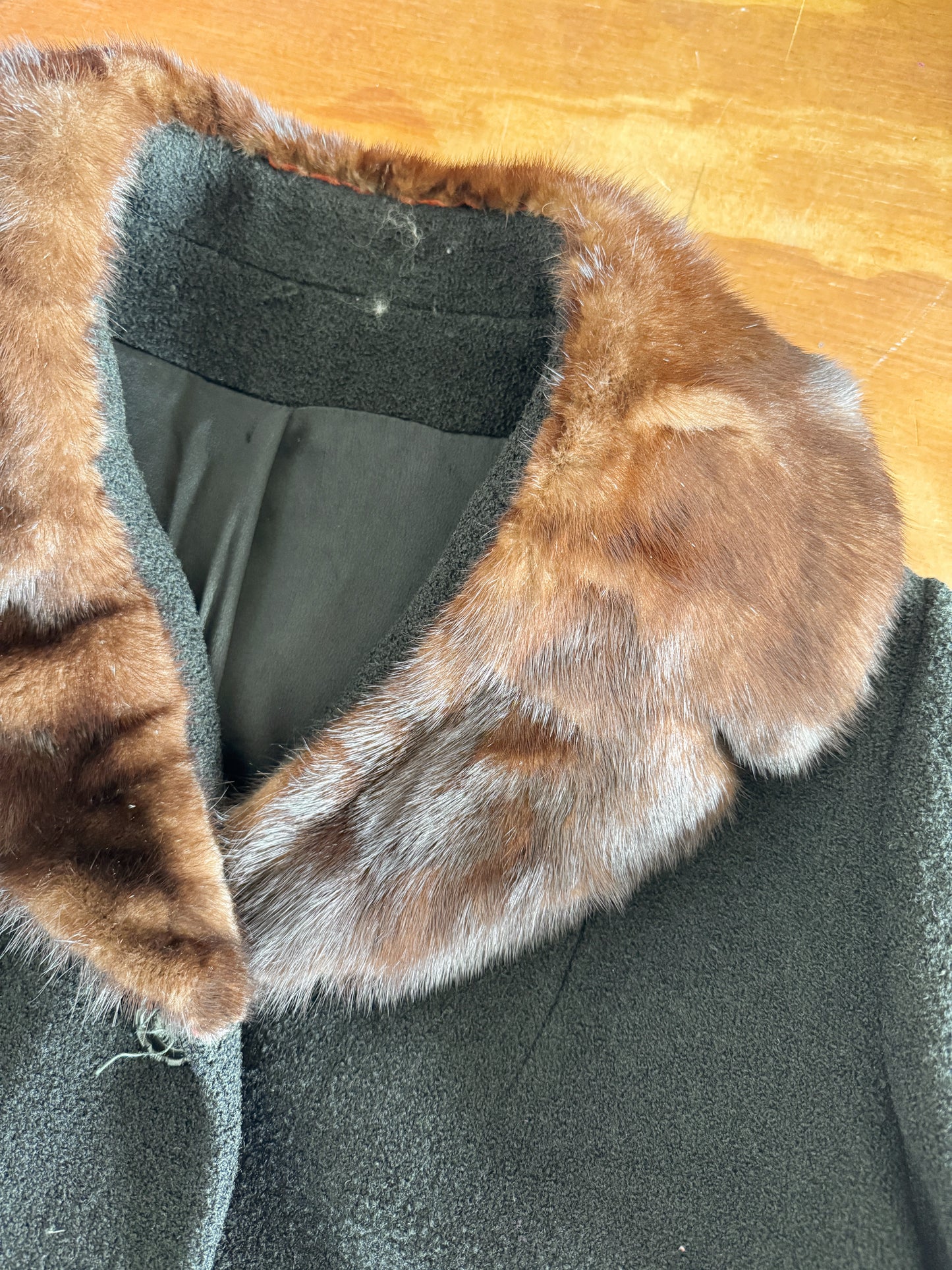 60s Wool Button Coat with Mink Fur Collar (S)