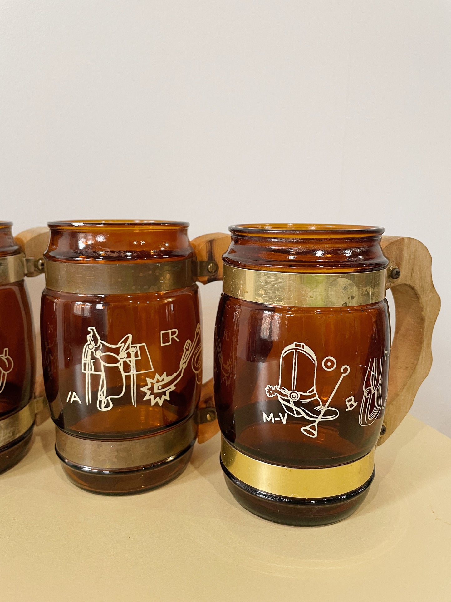 Cowboy Glass and Wooden Handle Mugs, Set of 4