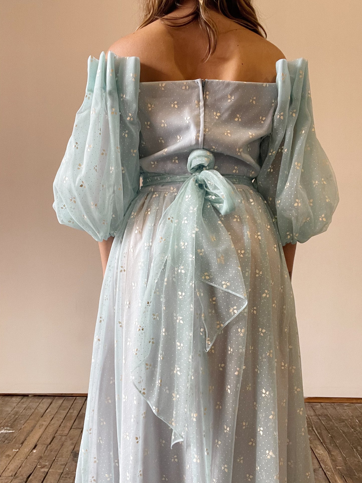50s/60s Sheer Chiffon Flocked Floral Curtain Sleeve Dress