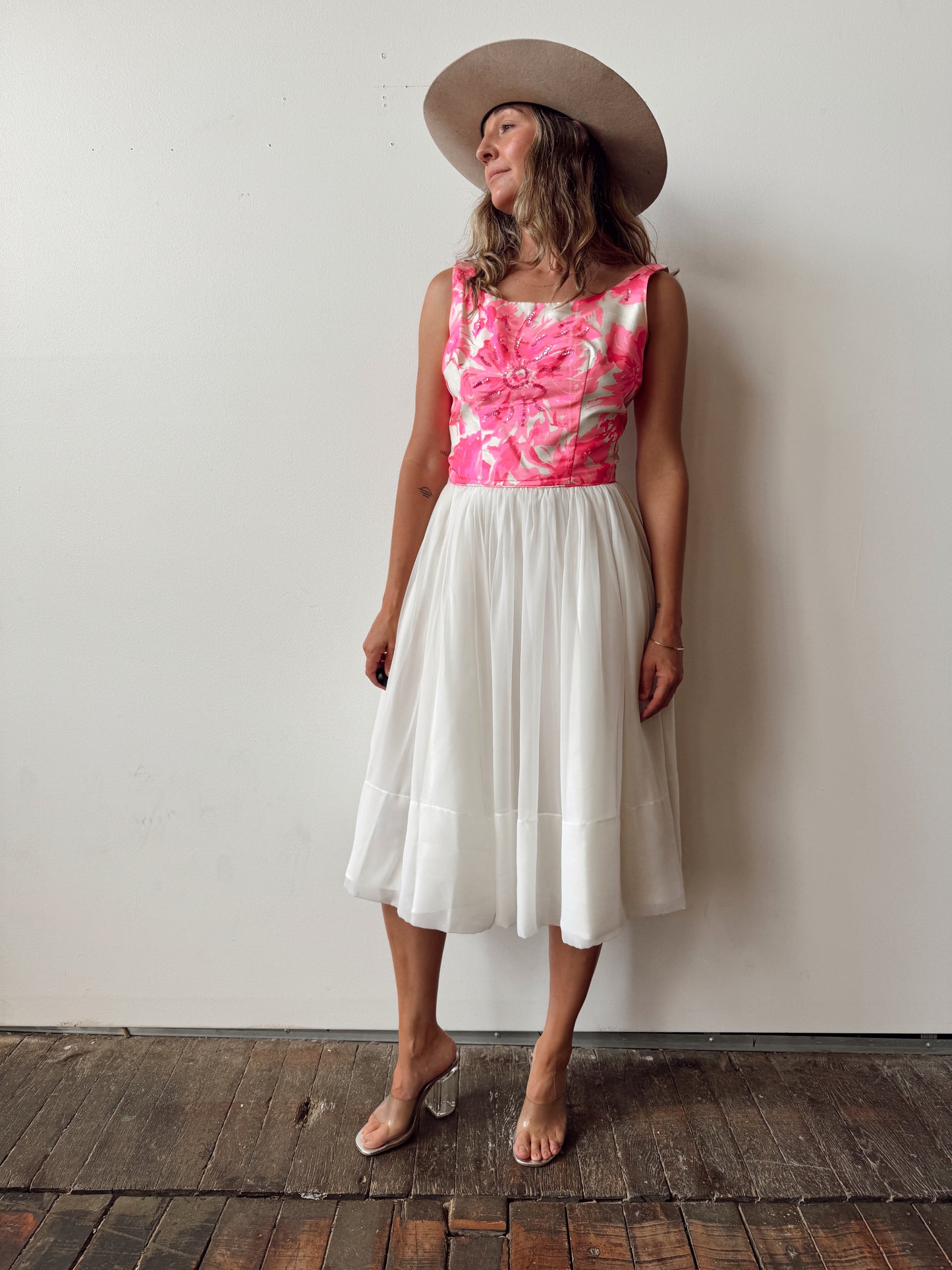 60s Pink Beaded with Chiffon Pleat Skirt (L)