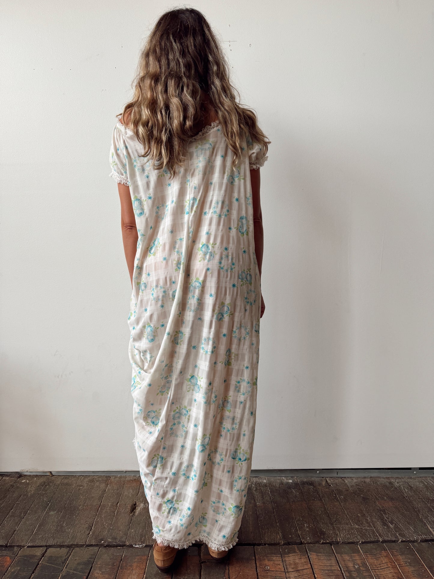 70s Nylon Lace Maxi Floral Dress (M)