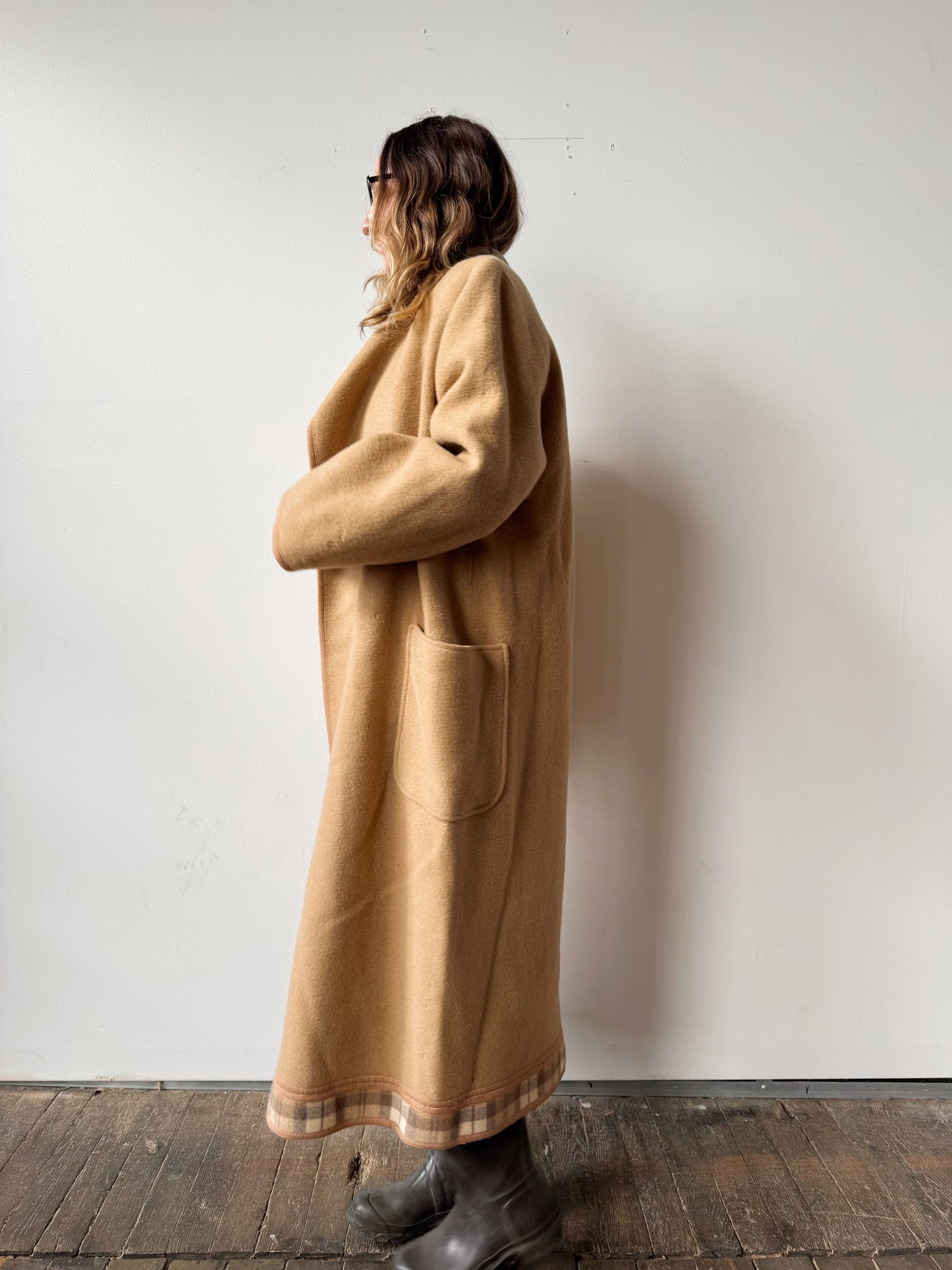 Camel Reversiable Plaid Wool 90s Coat (M)