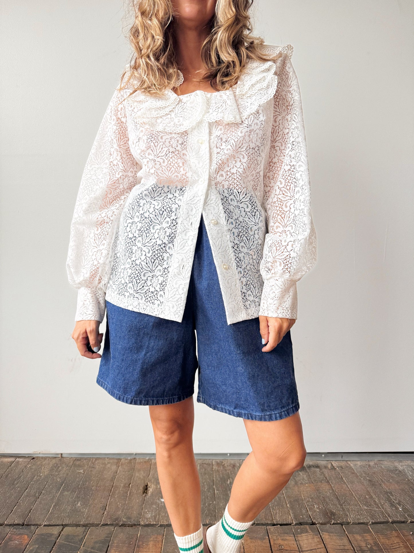 Lace 1950s Nylon Ruffle Blouse (M)