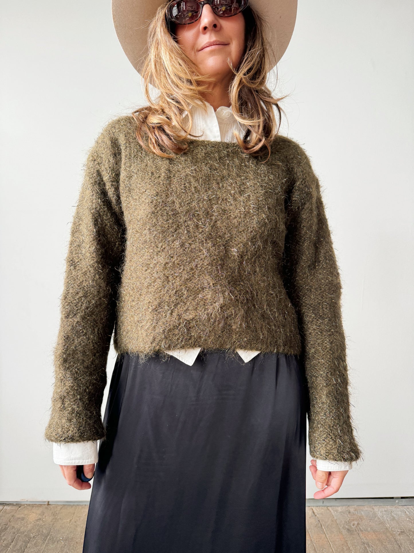 Metallic Mohair Cropped Khaki Sweater (S)