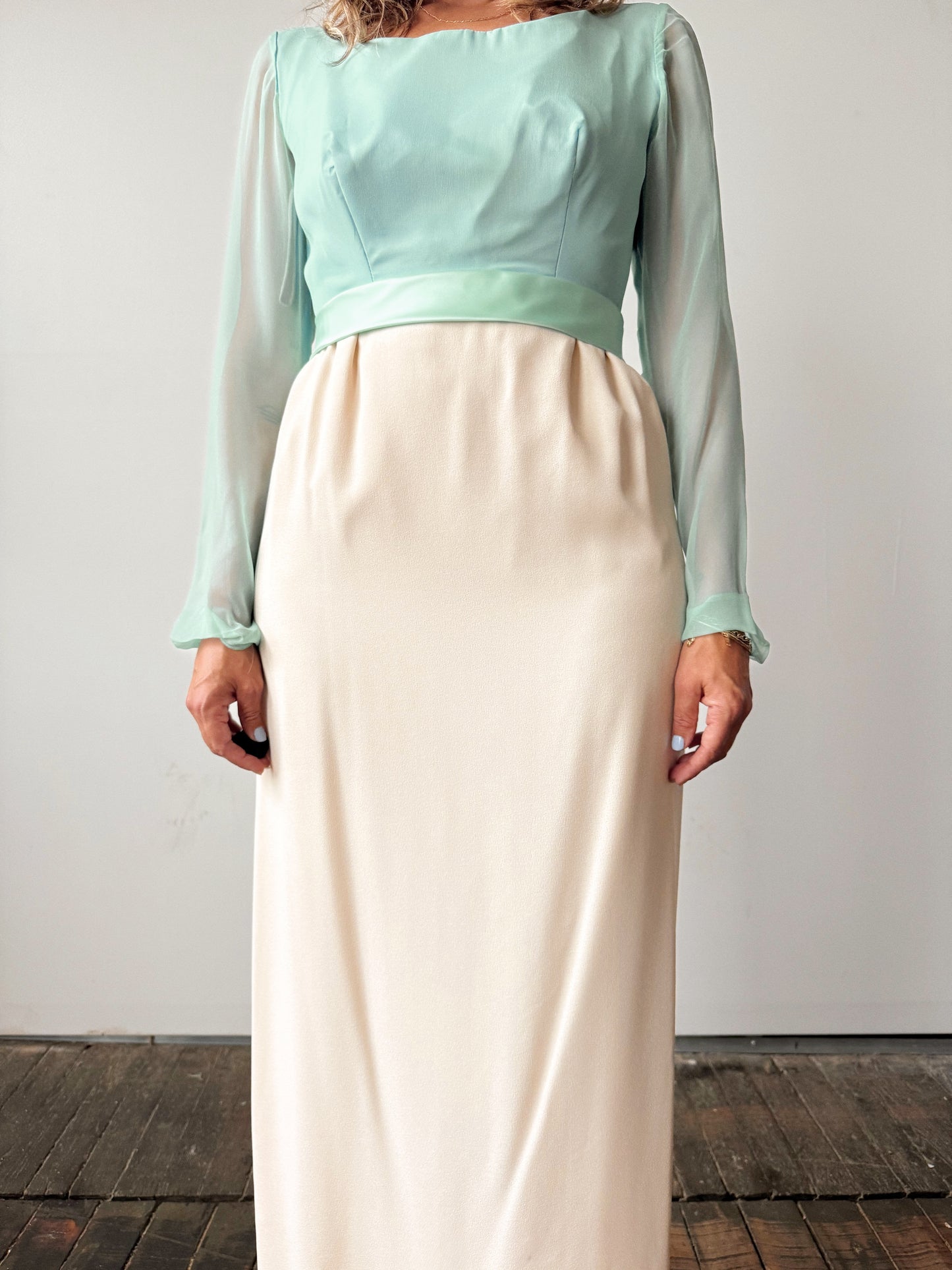Chiffon 60s Seafoam and Cream Formal Dress (M)