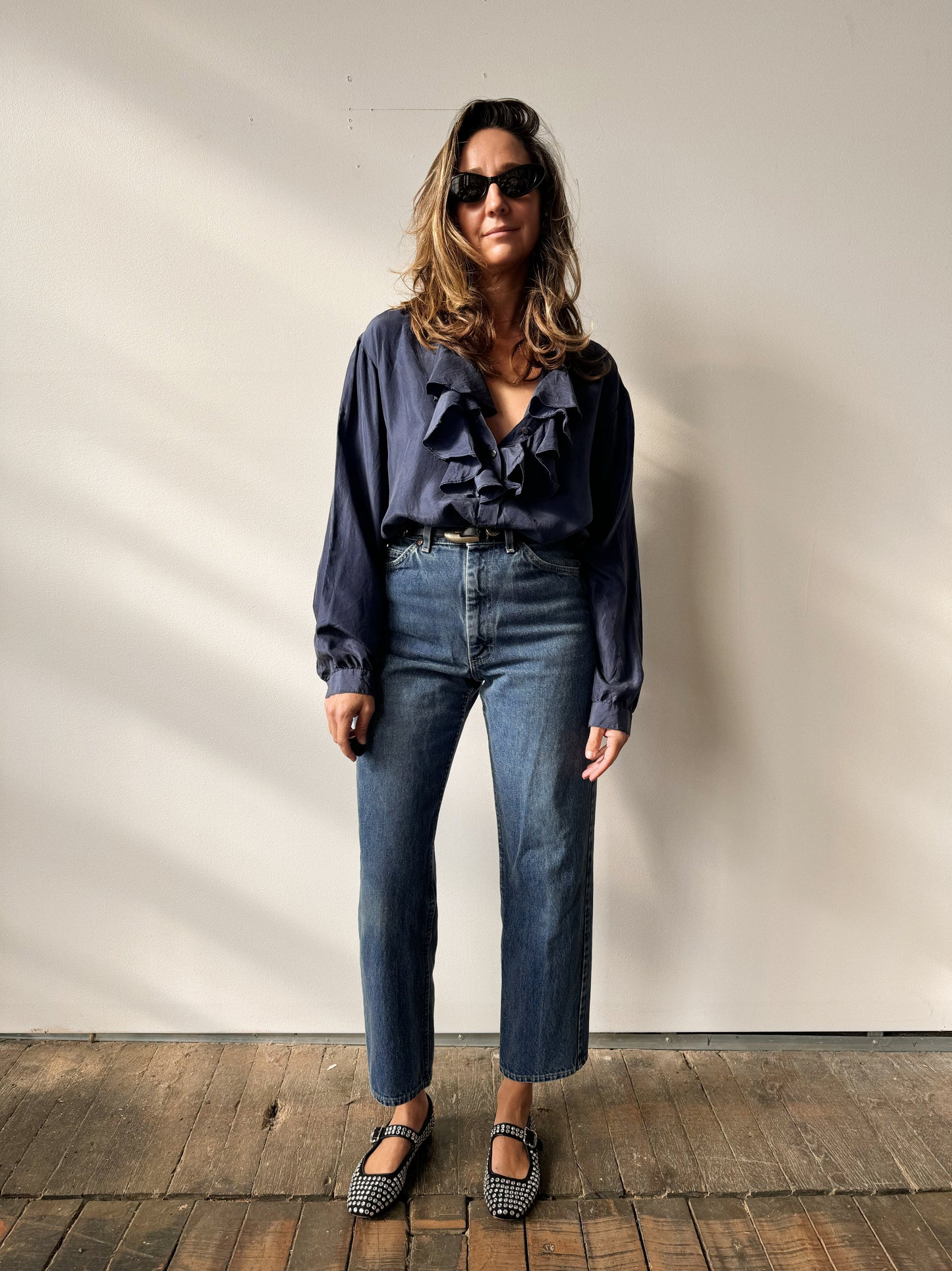 Silk 90s Navy Ruffle Blouse (M)