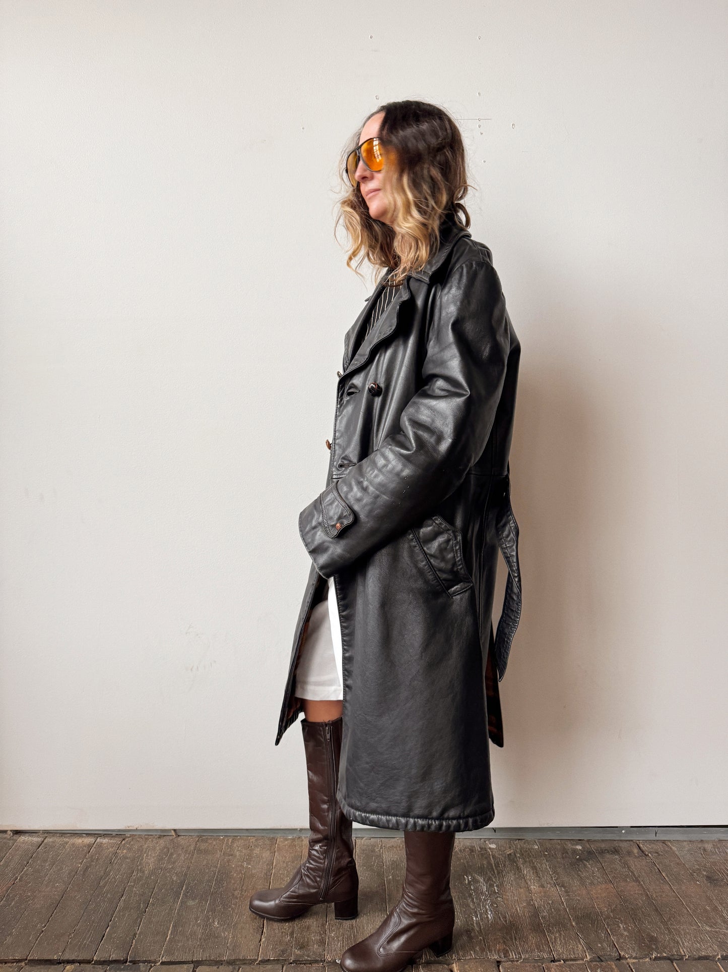 60s Oversized Leather Trench Coat with Flannel Lining (XL)