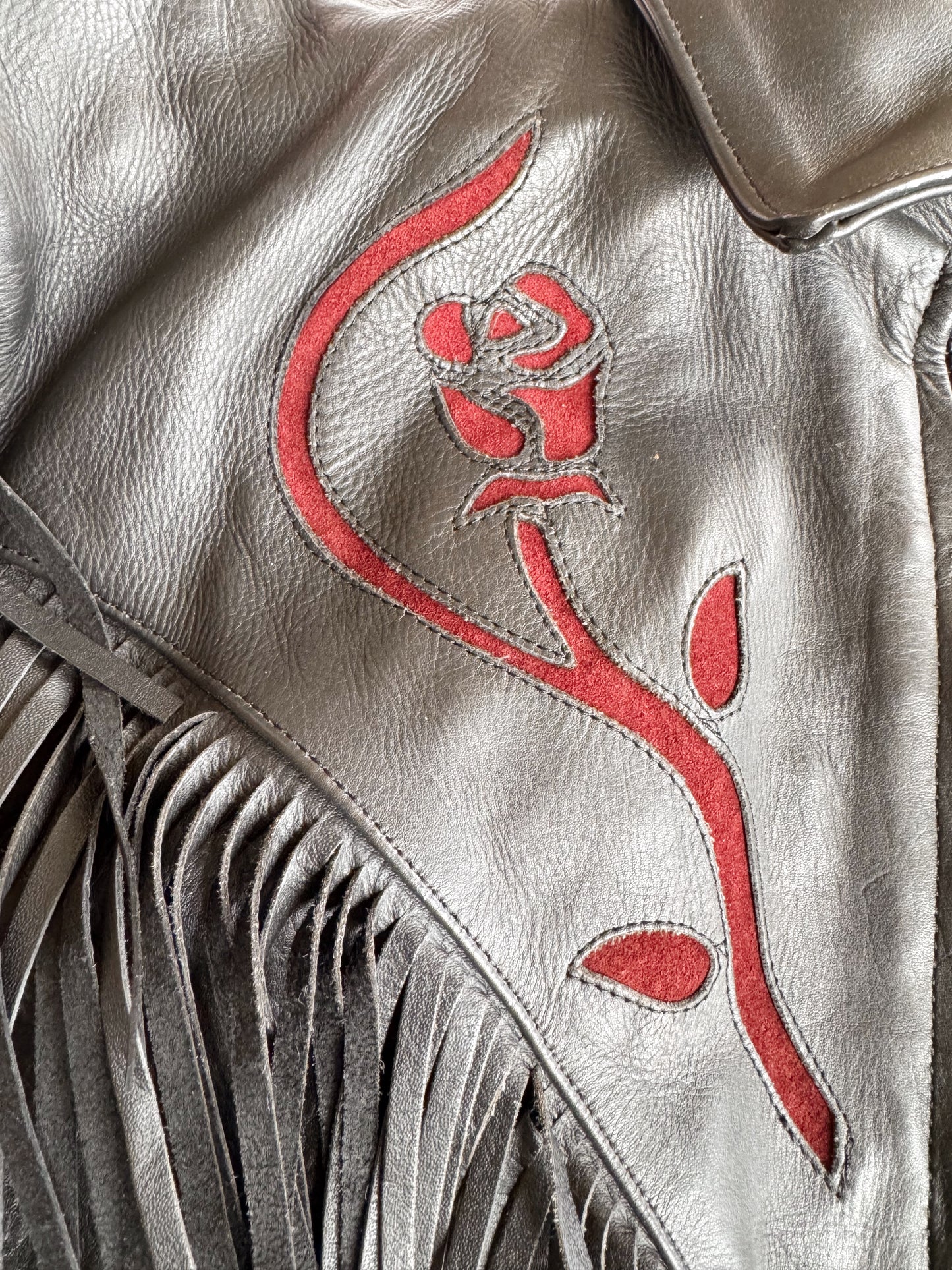 Leather Fringe Motocycle Jacket with Rose Cut-out Details (XL)
