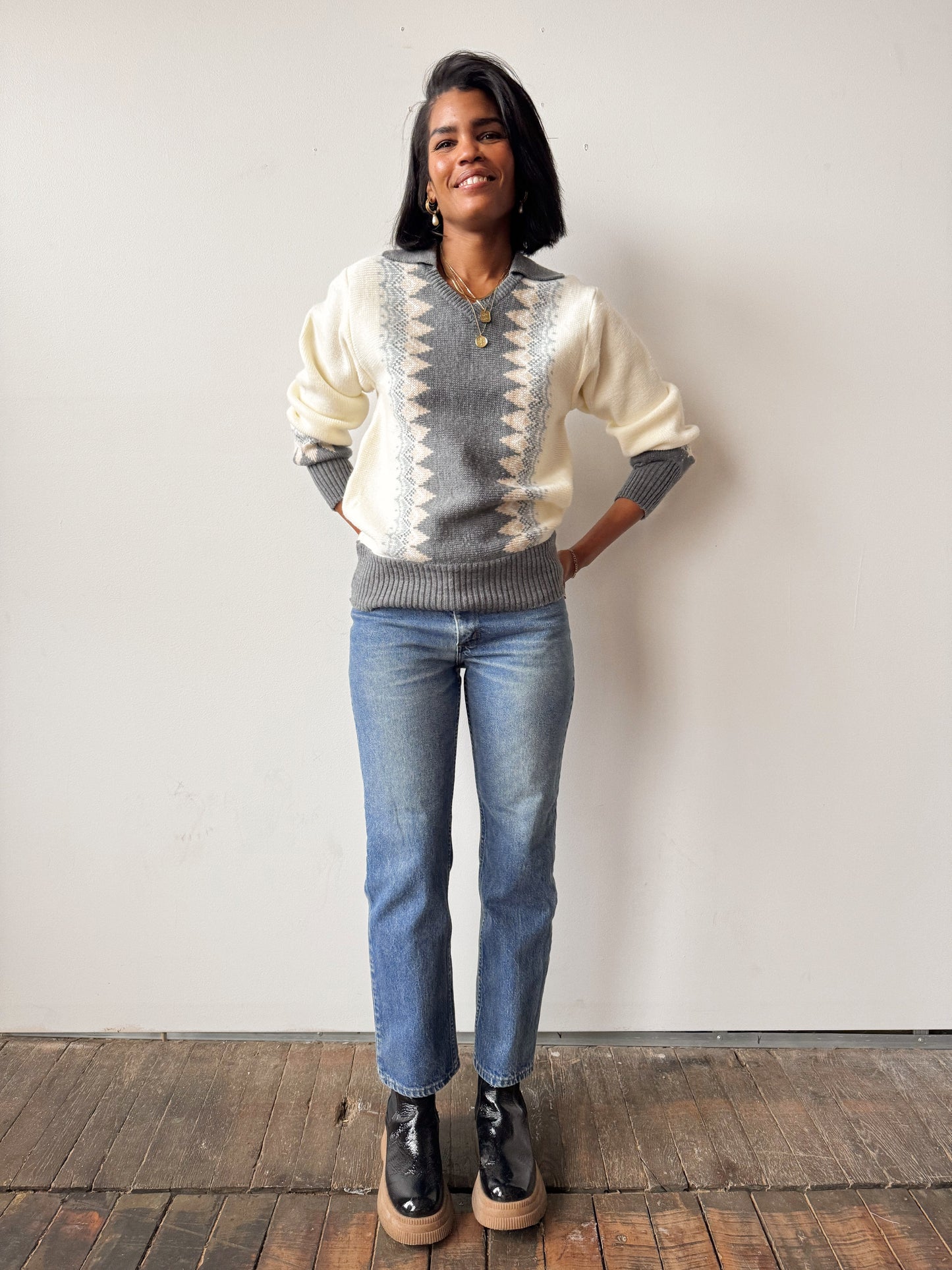 80s Clearwater Collared Knit Sweater (M)