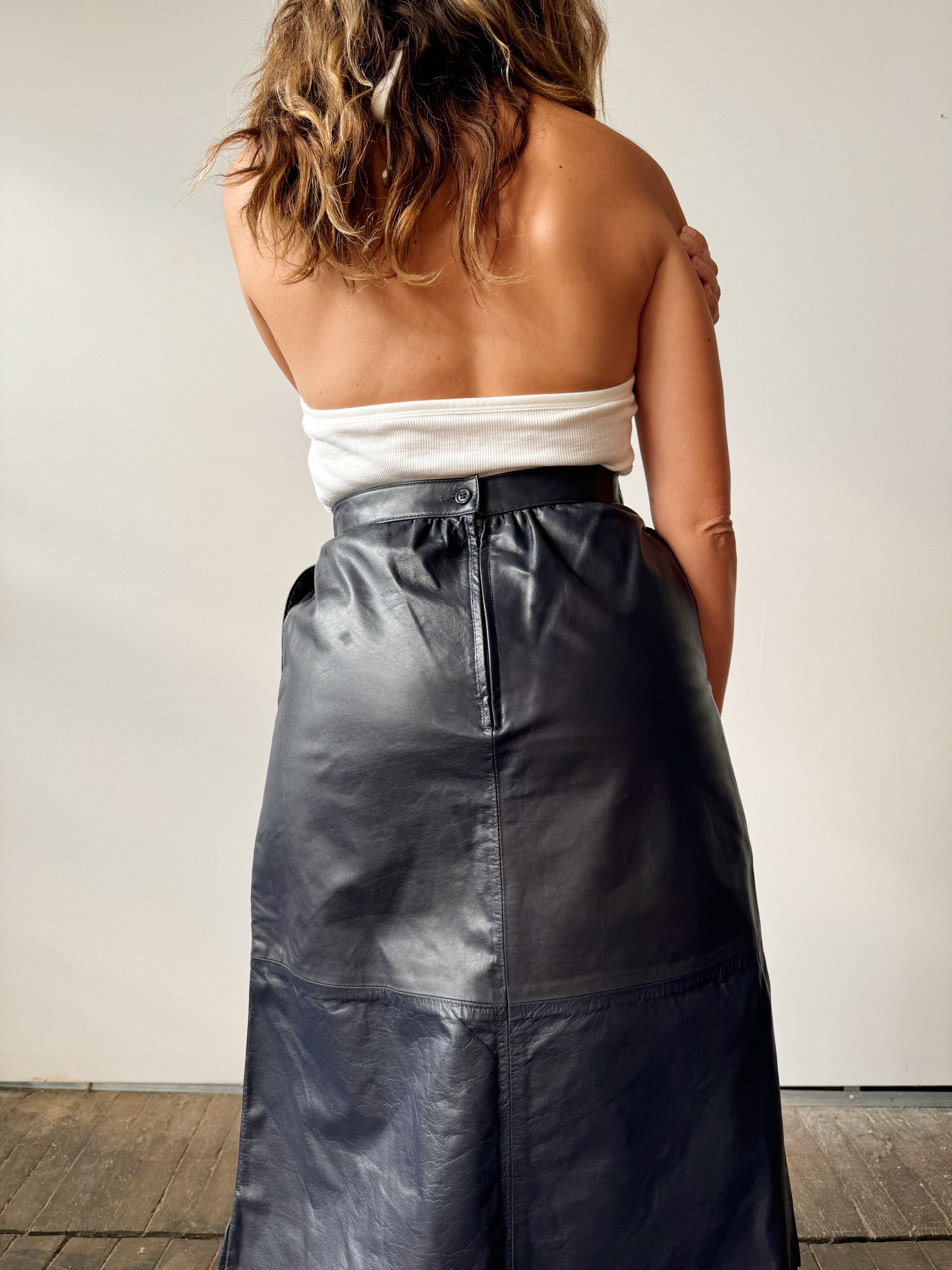 West Bay Navy Leather Midi Skirt (26")