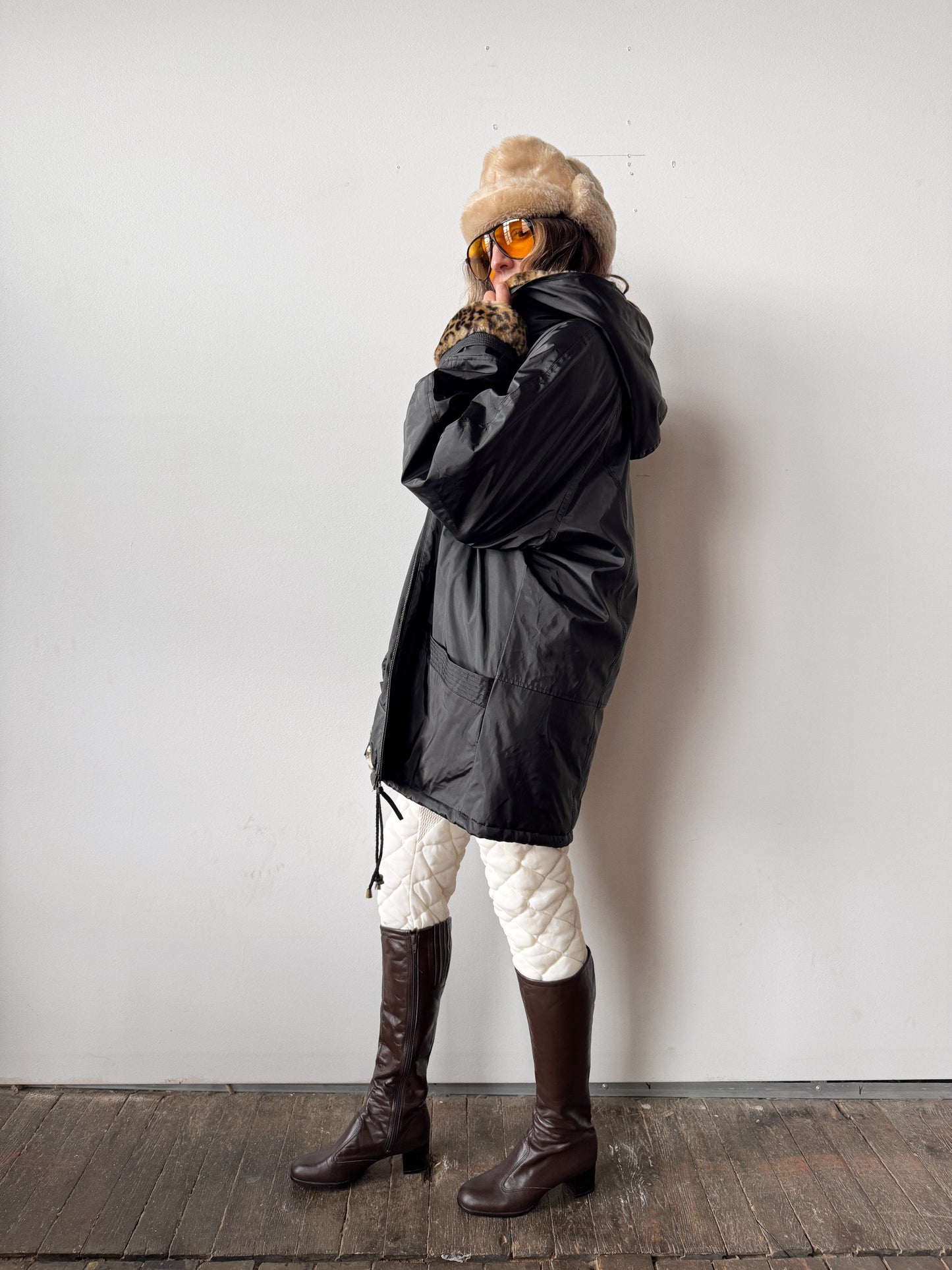 Leopard Faux Fur-Lined Parka Coat with Hood (L)