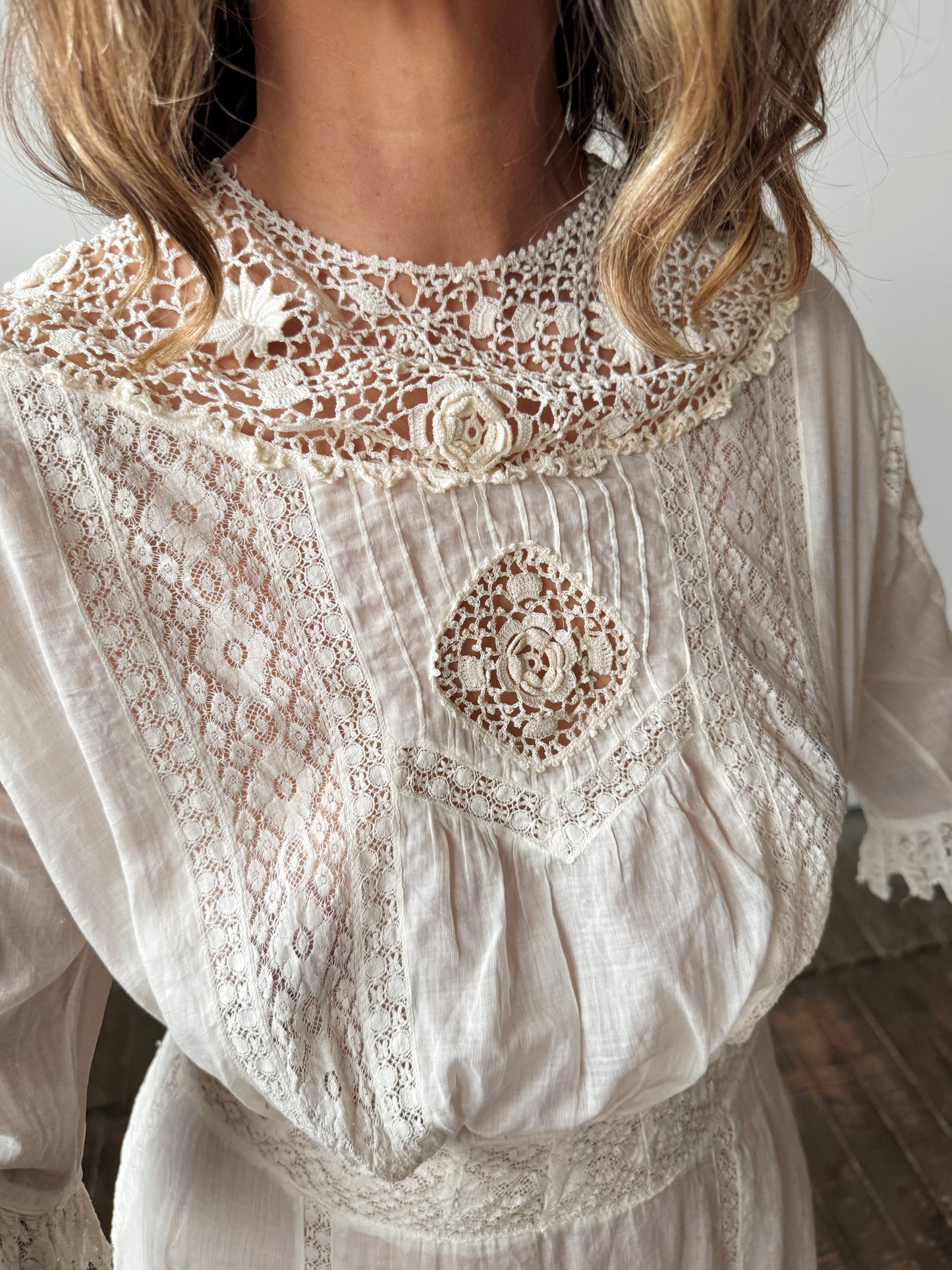 Antique Edwardian 1900s White Cotton Lace Dress (M)