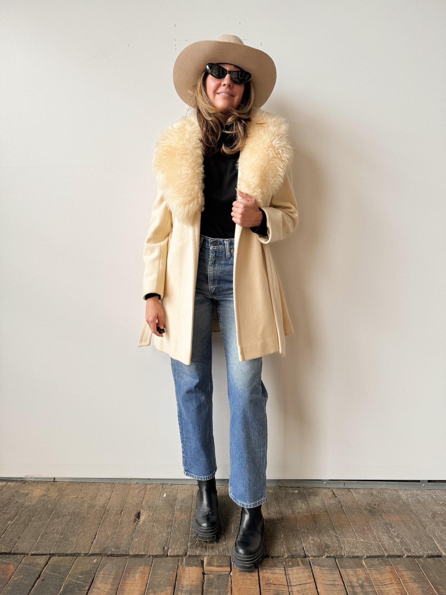 Cream Belted 70s Faux Fur Wool Jacket