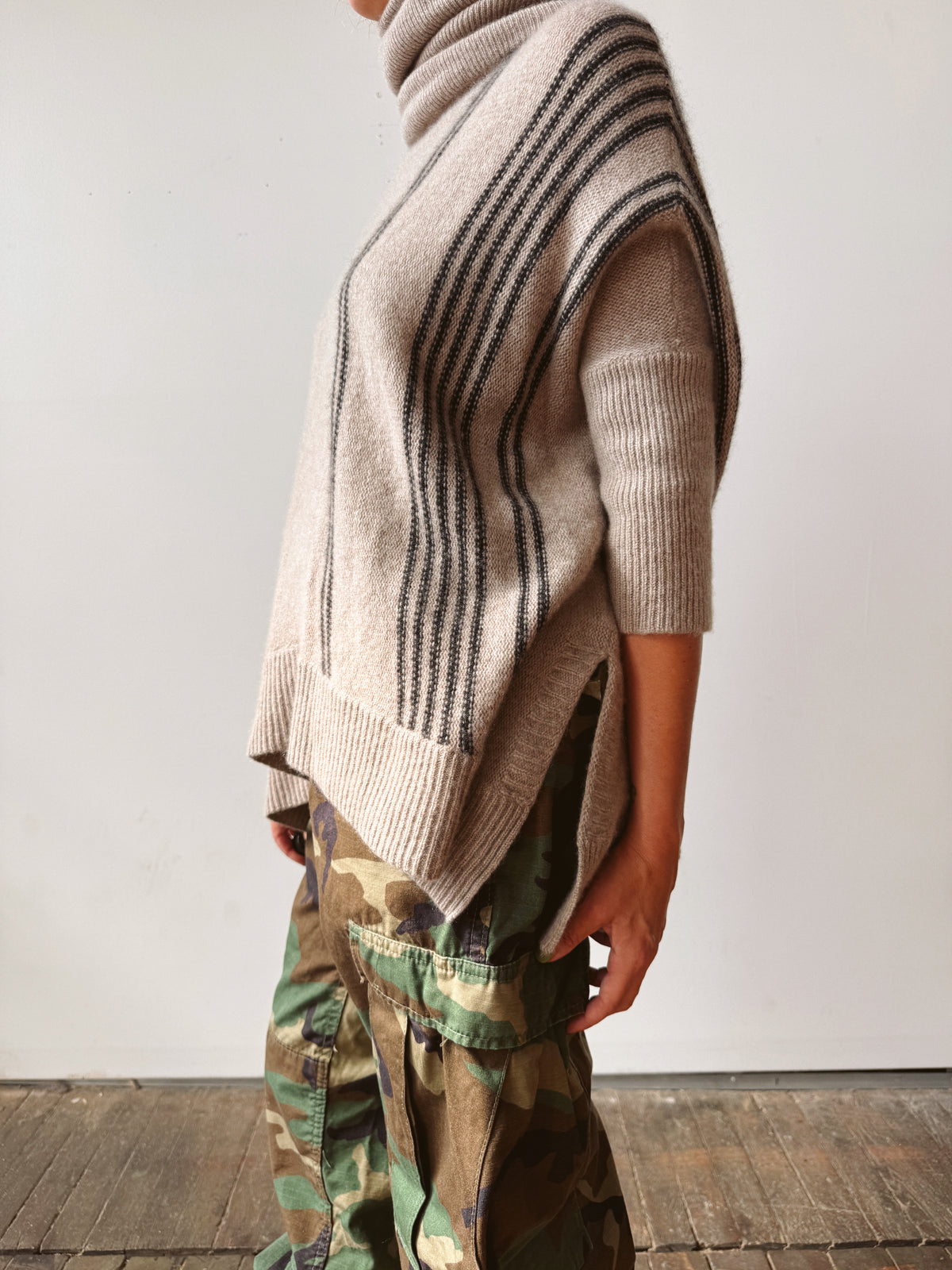 Cashmere Striped and Tan Turtleneck Sweater (M)