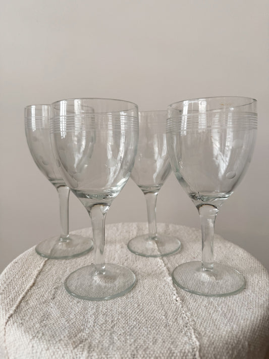 Mid-century Polka Dot Etched Wine Glasses, Set of 4