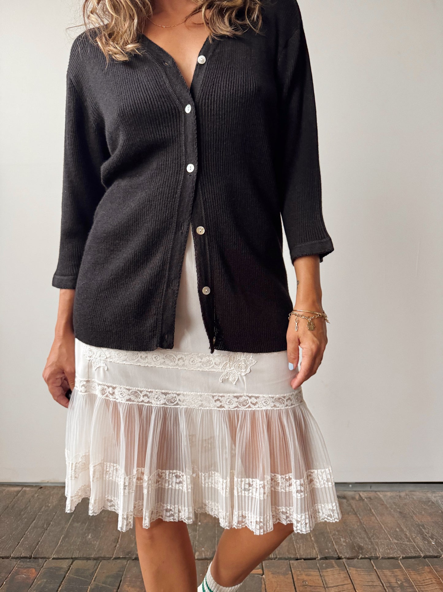 White Slip Skirt with Lace and Sheer Detail (M)