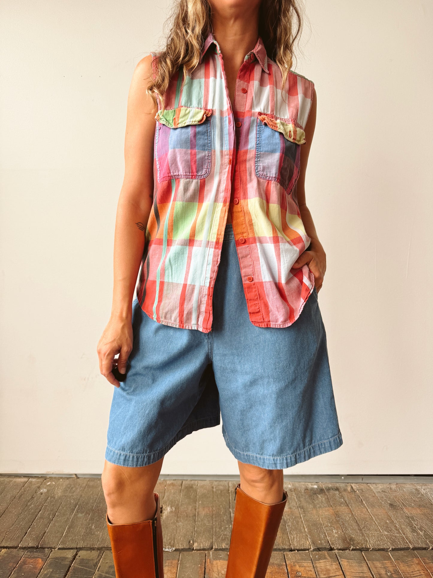 80s Short Circuit Plaid Colorful Sleeveless Top (M)