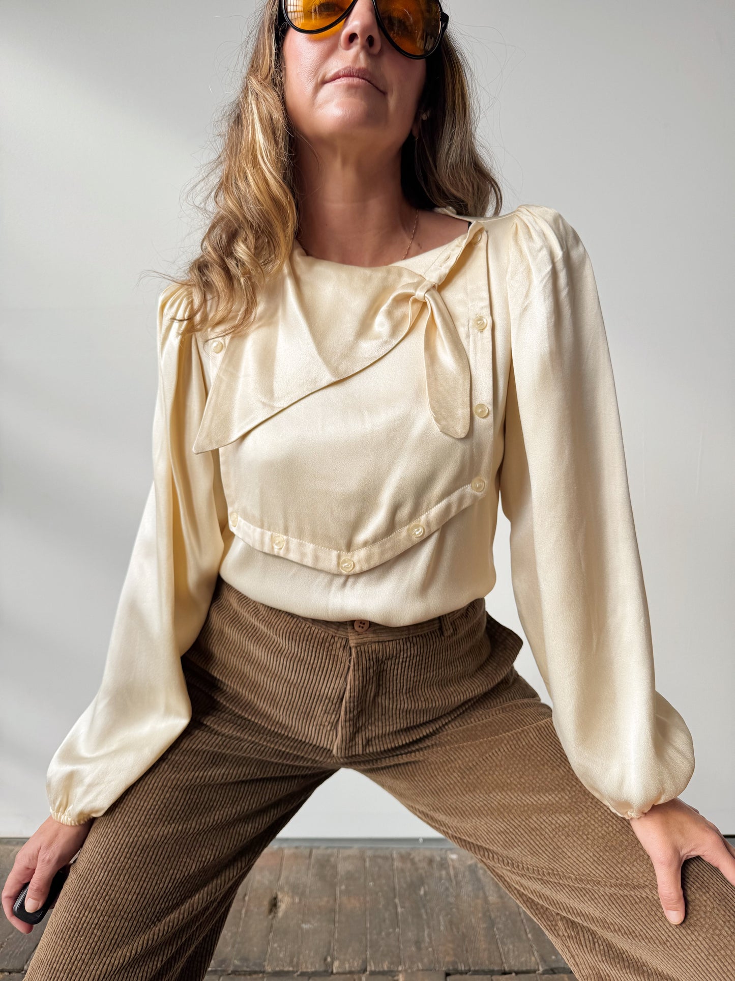 Sateen Ivory 70s Handkerchief Wrap Blouse (XS)