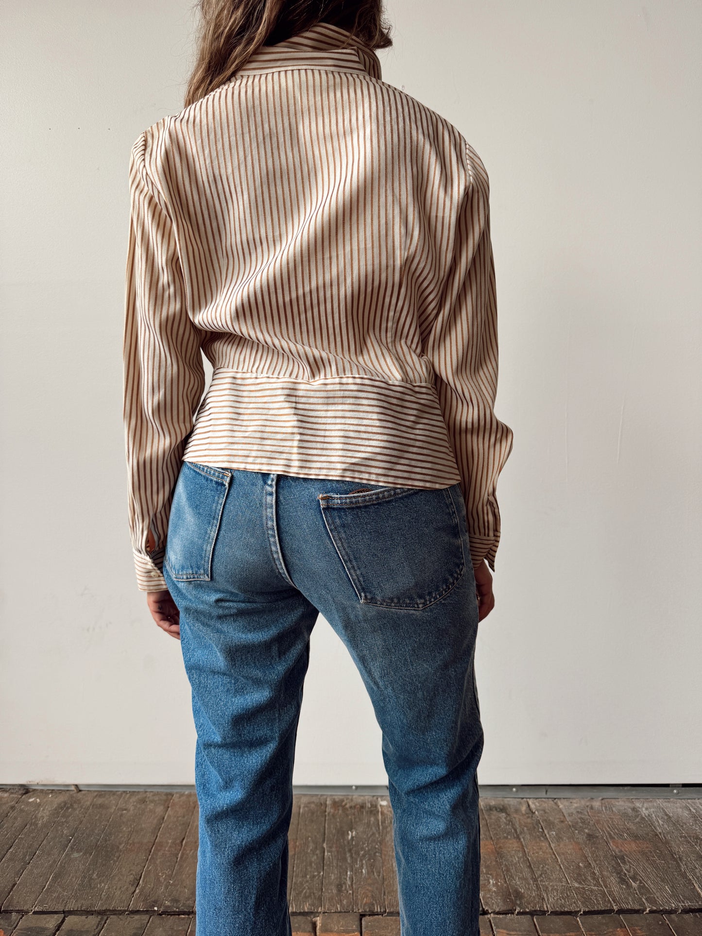 Striped Cropped 00s Bronze Tuxedo Blouse (S)
