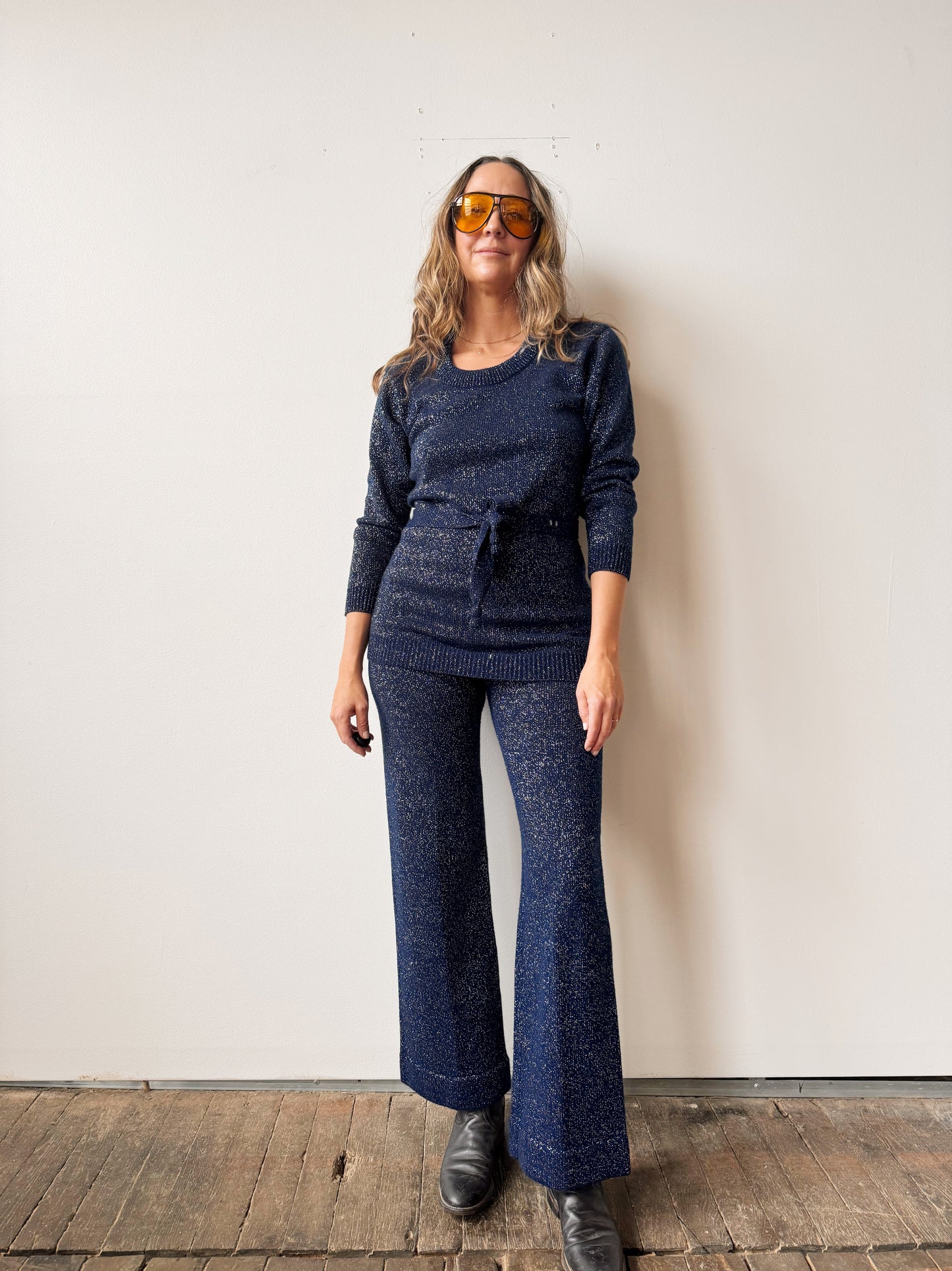 60s Navy and Metallic Knit Pant Suit (M)