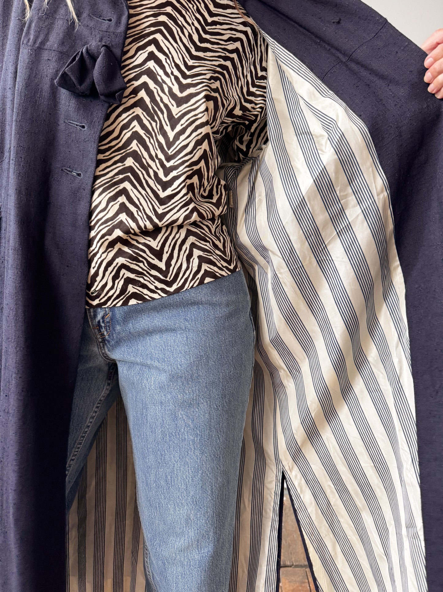 Navy 60s Wool Blend Overcoat with Stripe Lining (M)