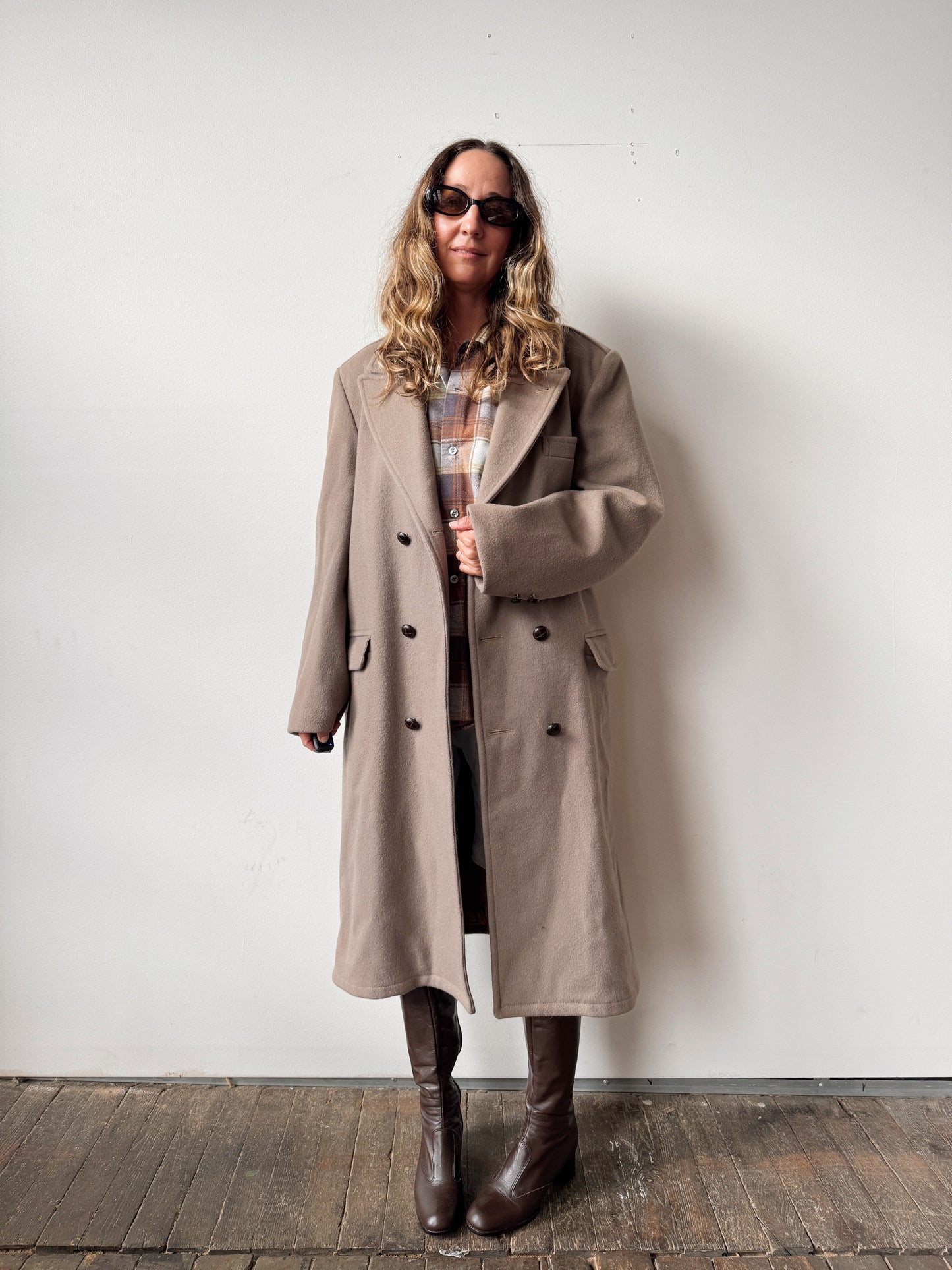 Wool Greige Double-Breasted Coat (L)