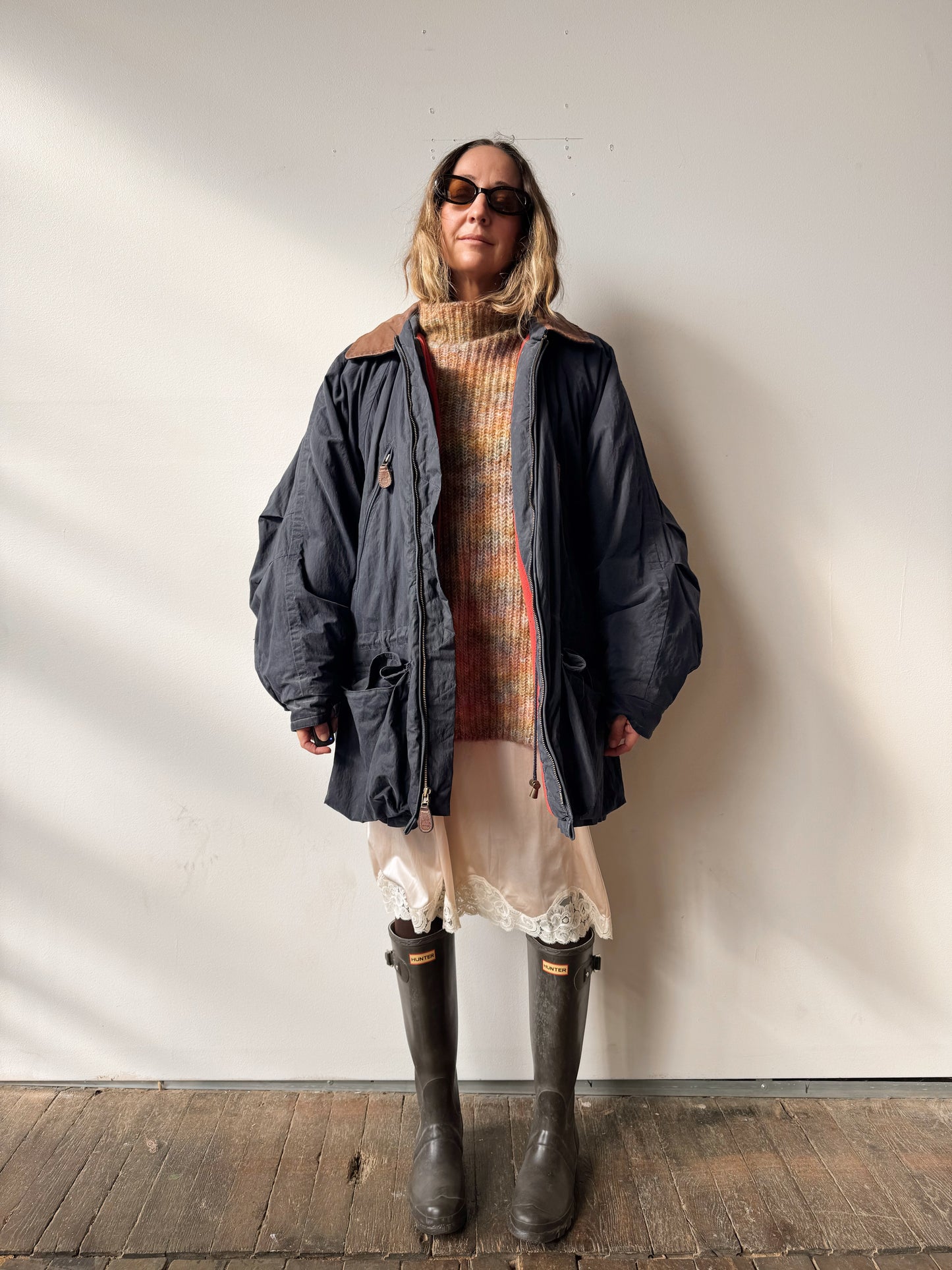 90s Timberland Weathergear Navy and Leather Jacket (Mens L)