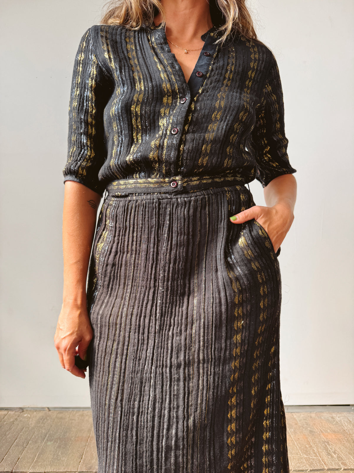 Black Gauze and Gold Contemporary Maxi Dress (S)