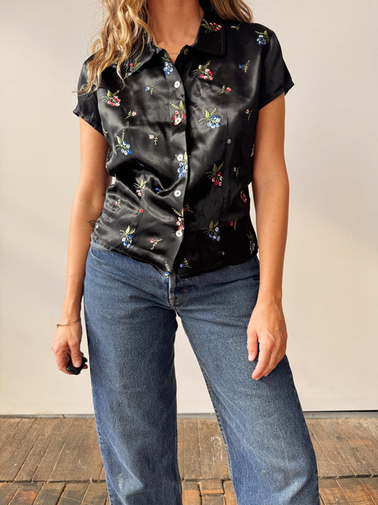 90s XOXO Sateen Floral Embroidered Top (S)