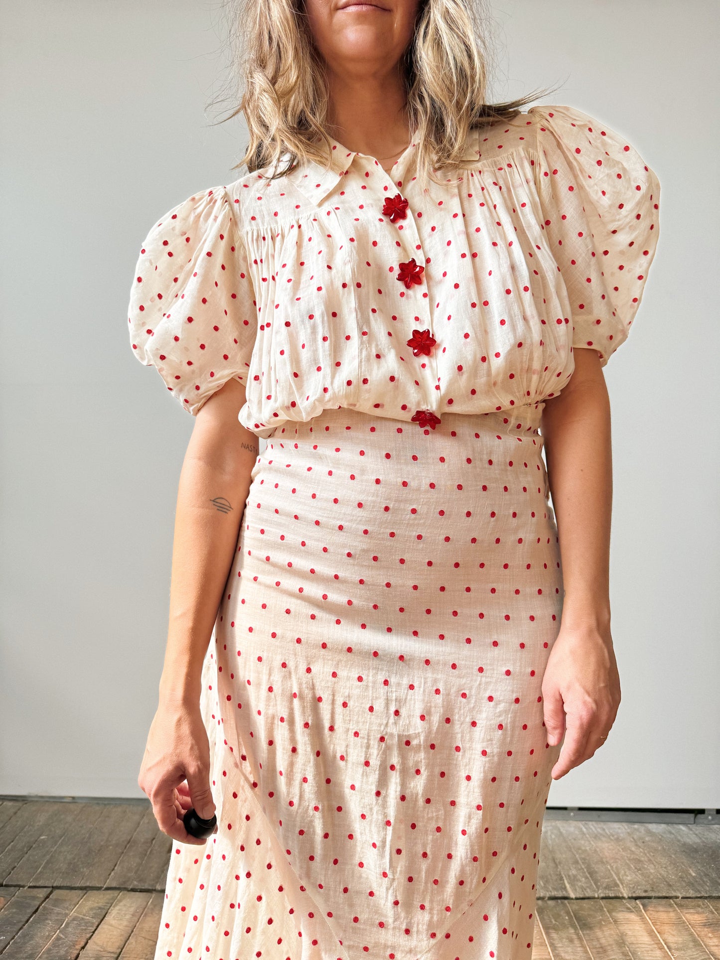 Early 1900s Cotton Voile Polka Dot Dress (S)