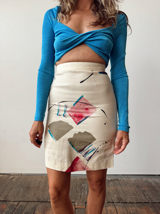Hand-Dyed Geometric Linen 90s Skirt (25")