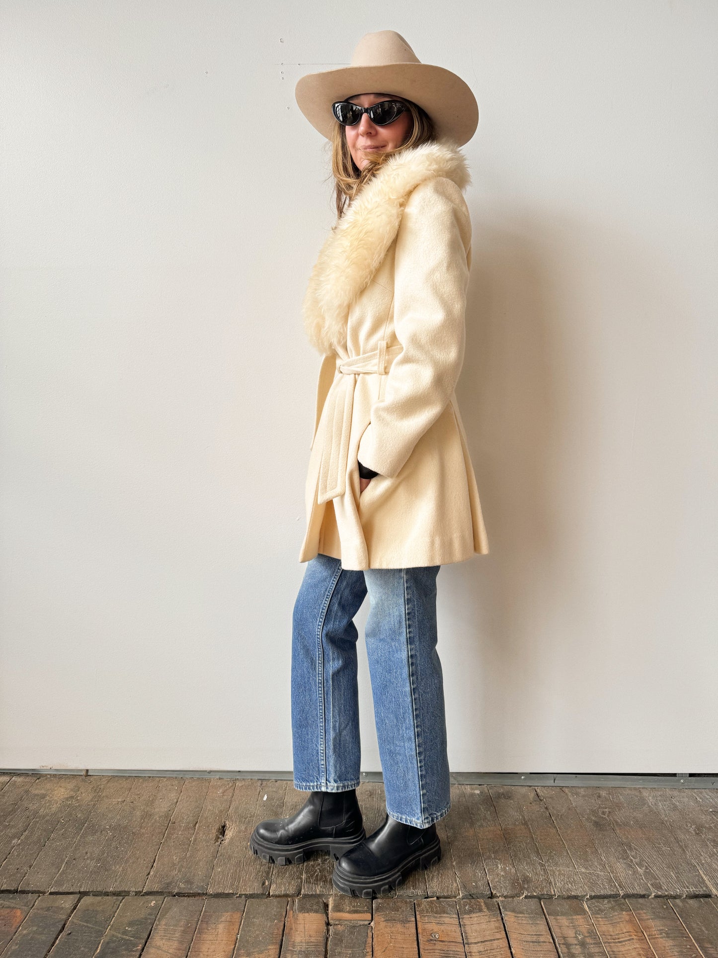 Cream Belted 70s Faux Fur Wool Jacket