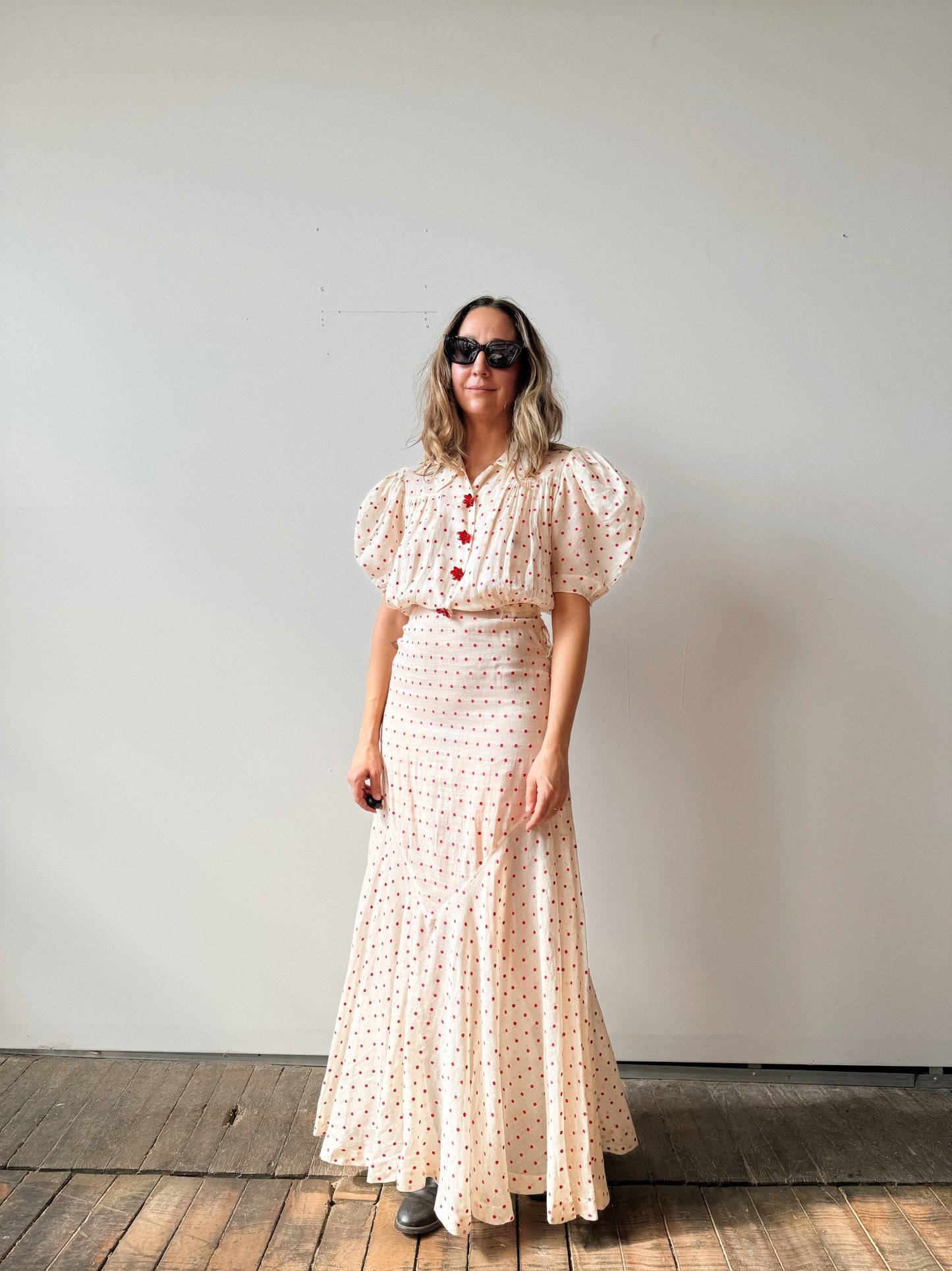 Early 1900s Cotton Voile Polka Dot Dress (S)