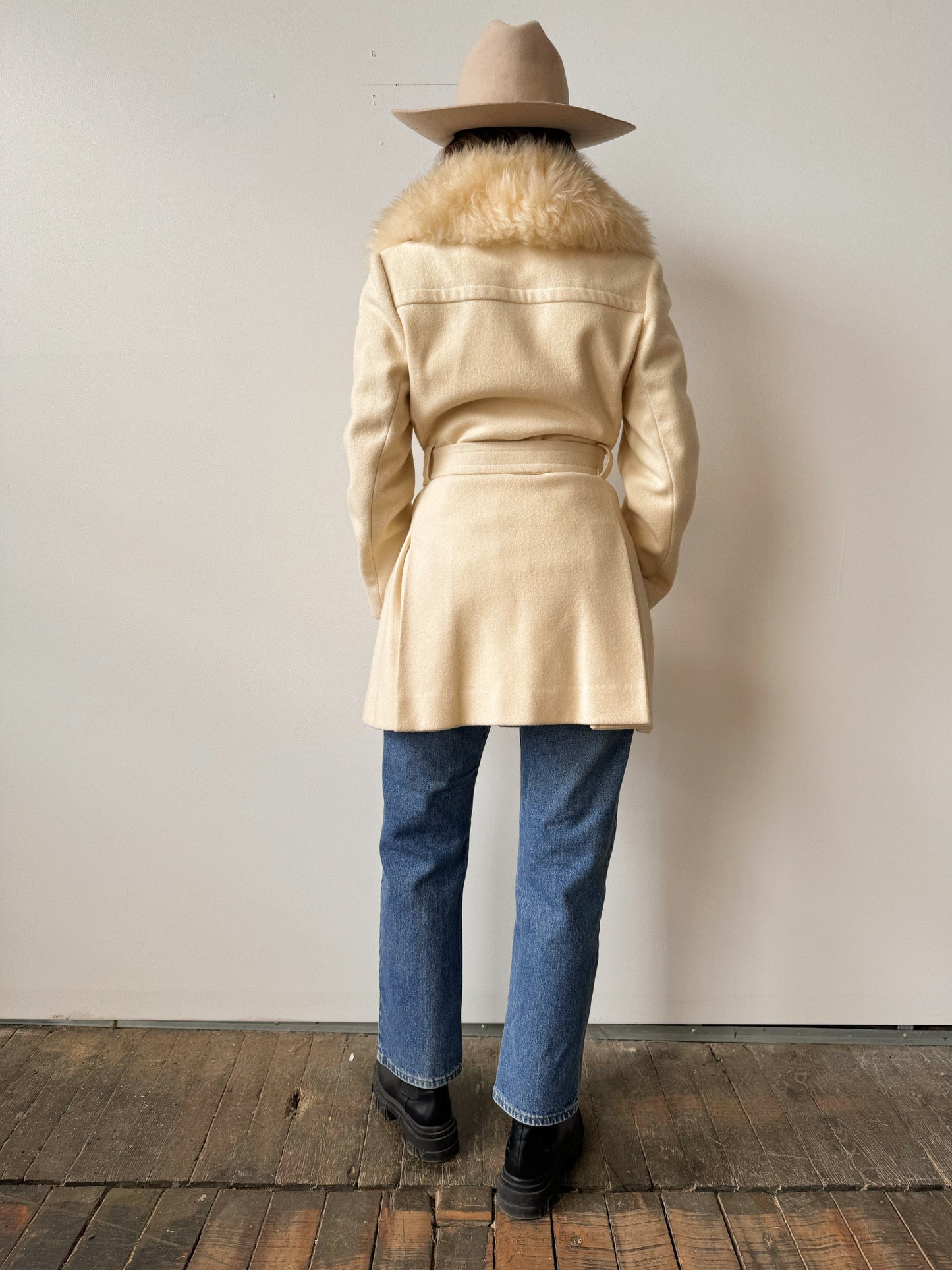 Cream Belted 70s Faux Fur Wool Jacket