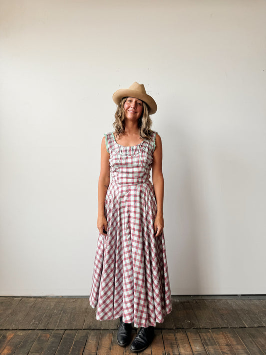 60s Silk Plaid Circle Skirt Dress with Raw Edges (S)