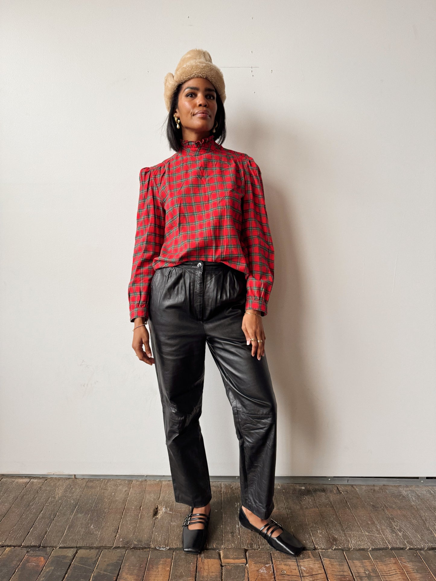 Holiday Plaid and Ruffle Collar Blouse (M)