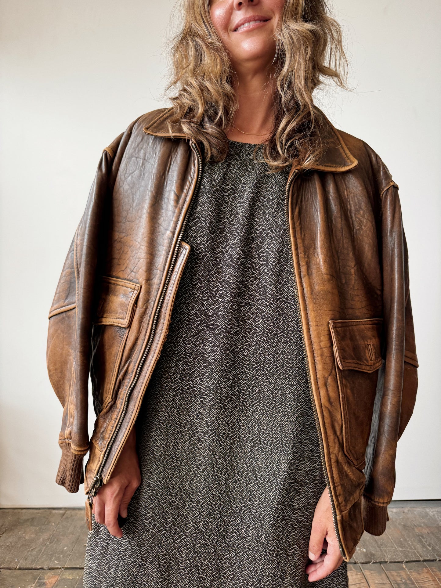 Oversize Distressed Brown Leather Flight Jacket (M)