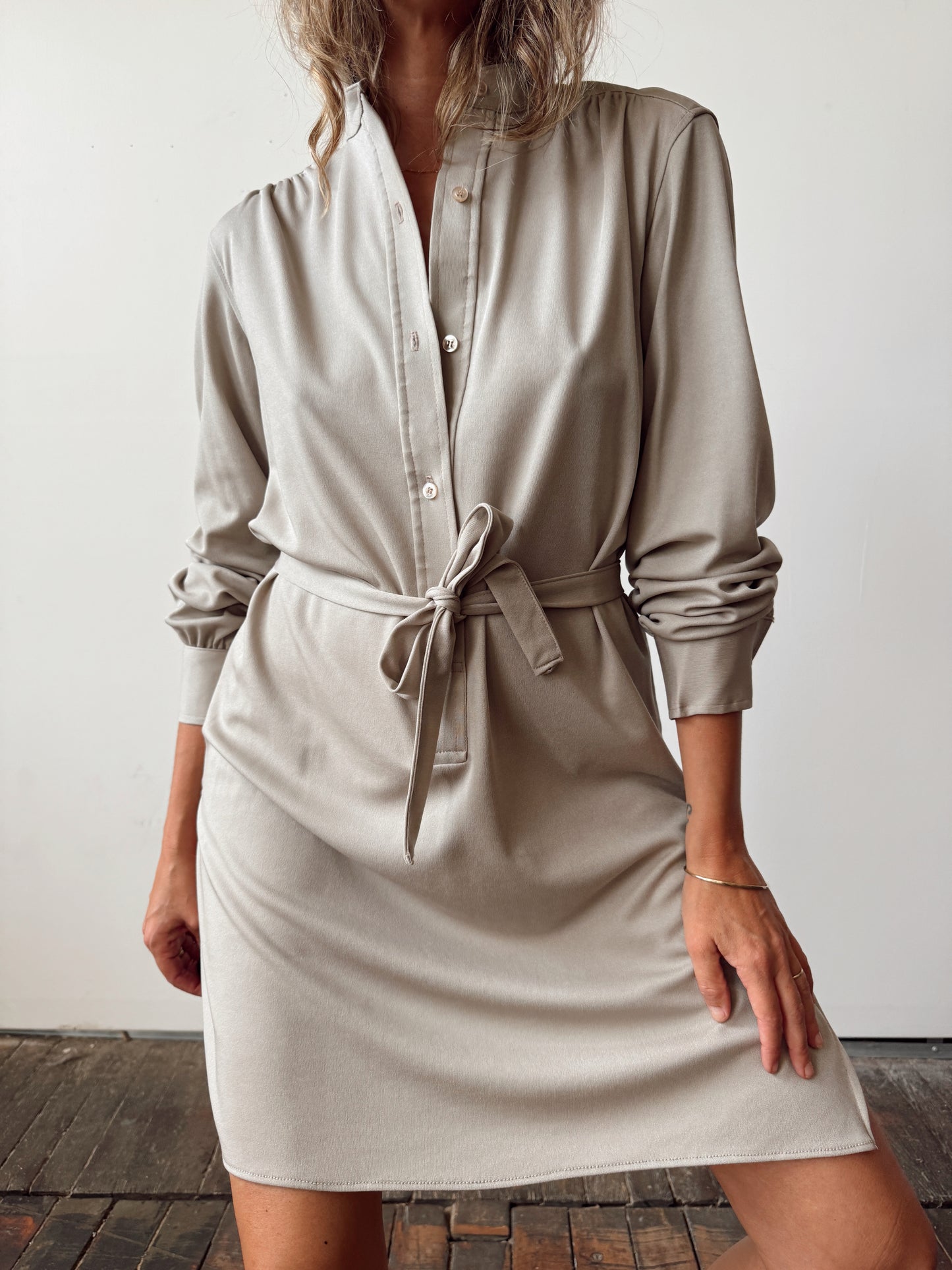Taupe 70s Polyester Tunic Mini Shirt Dress (S)