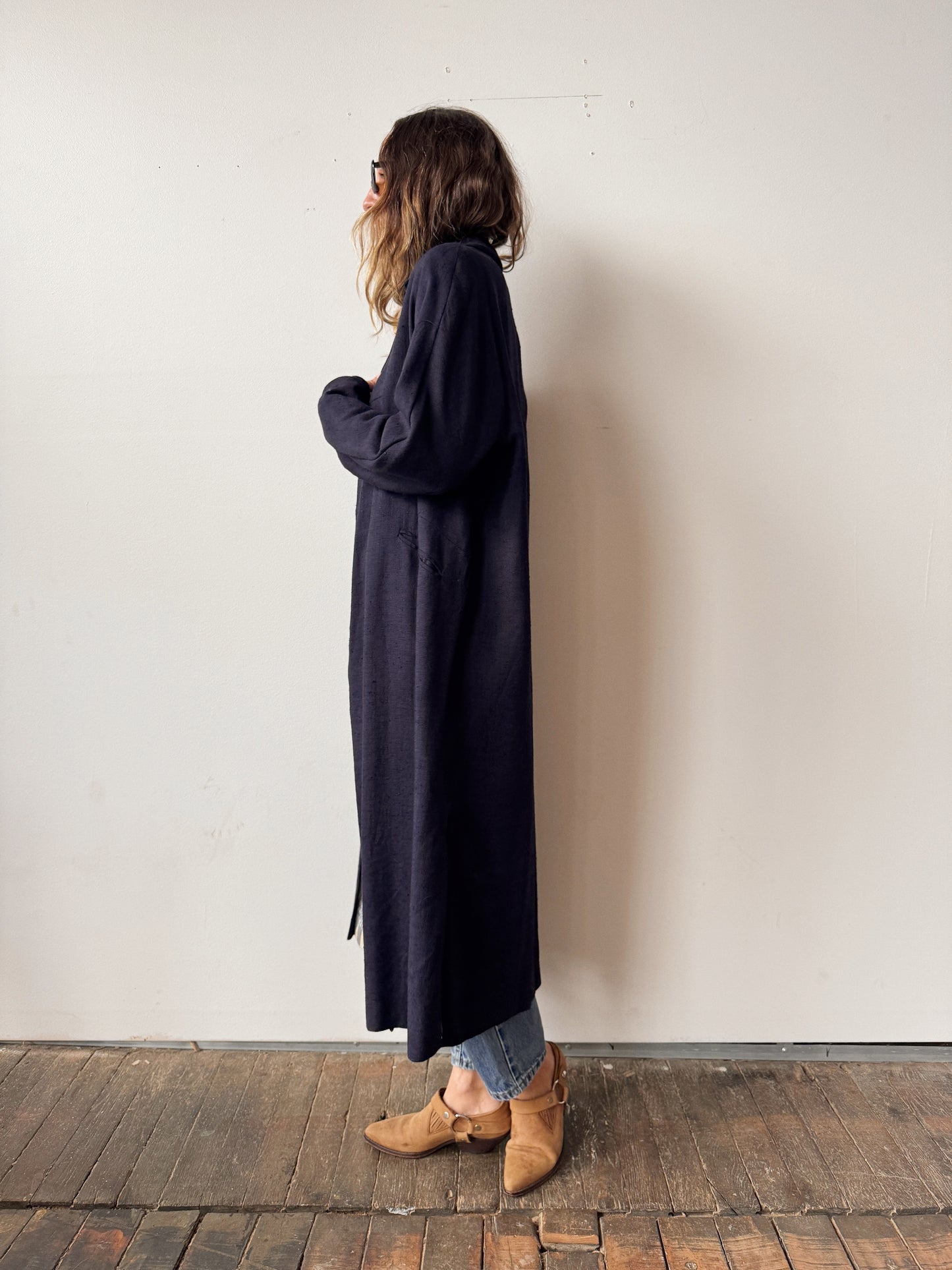 Navy 60s Wool Blend Overcoat with Stripe Lining (M)