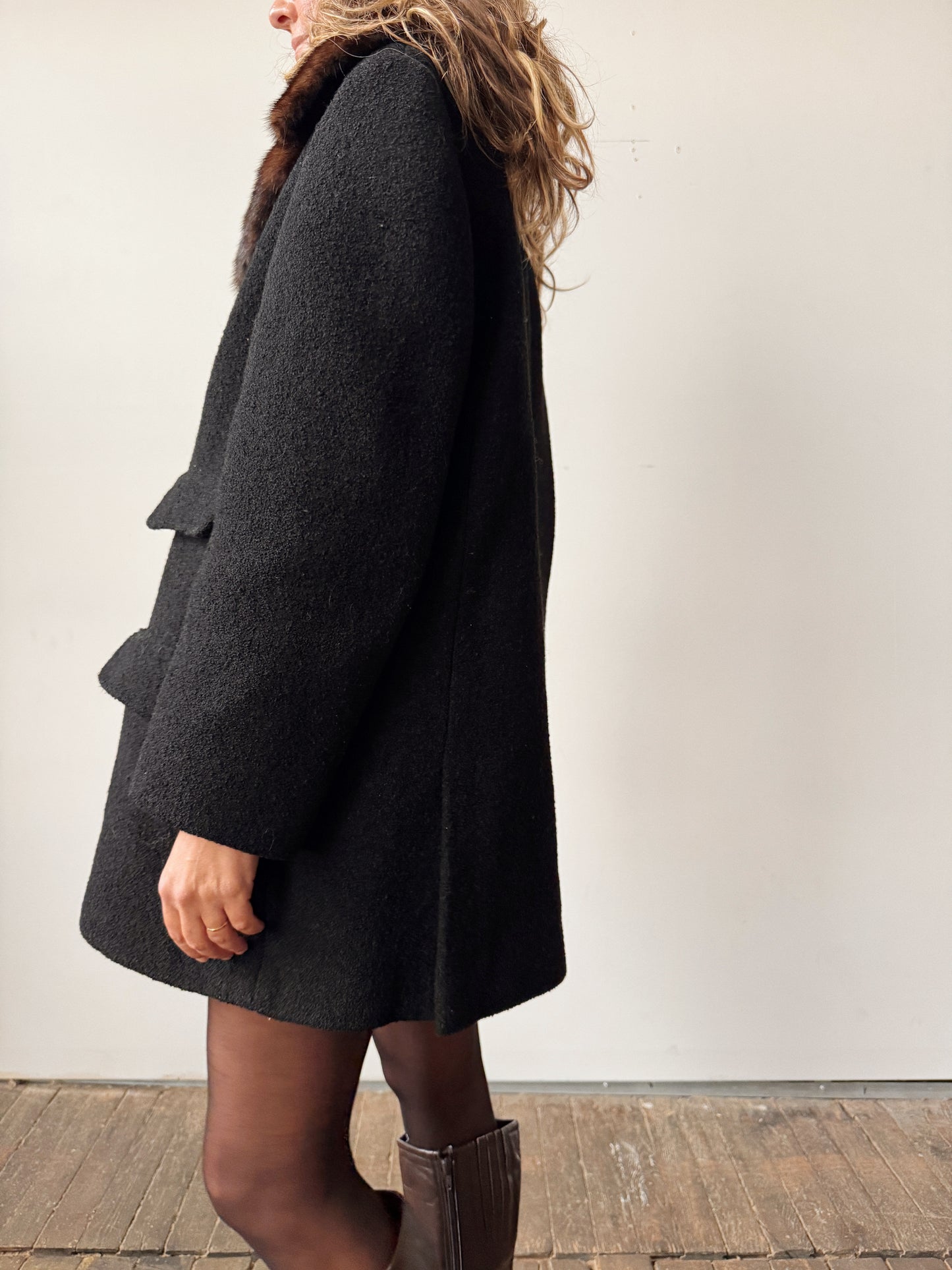 60s Wool Button Coat with Mink Fur Collar (S)
